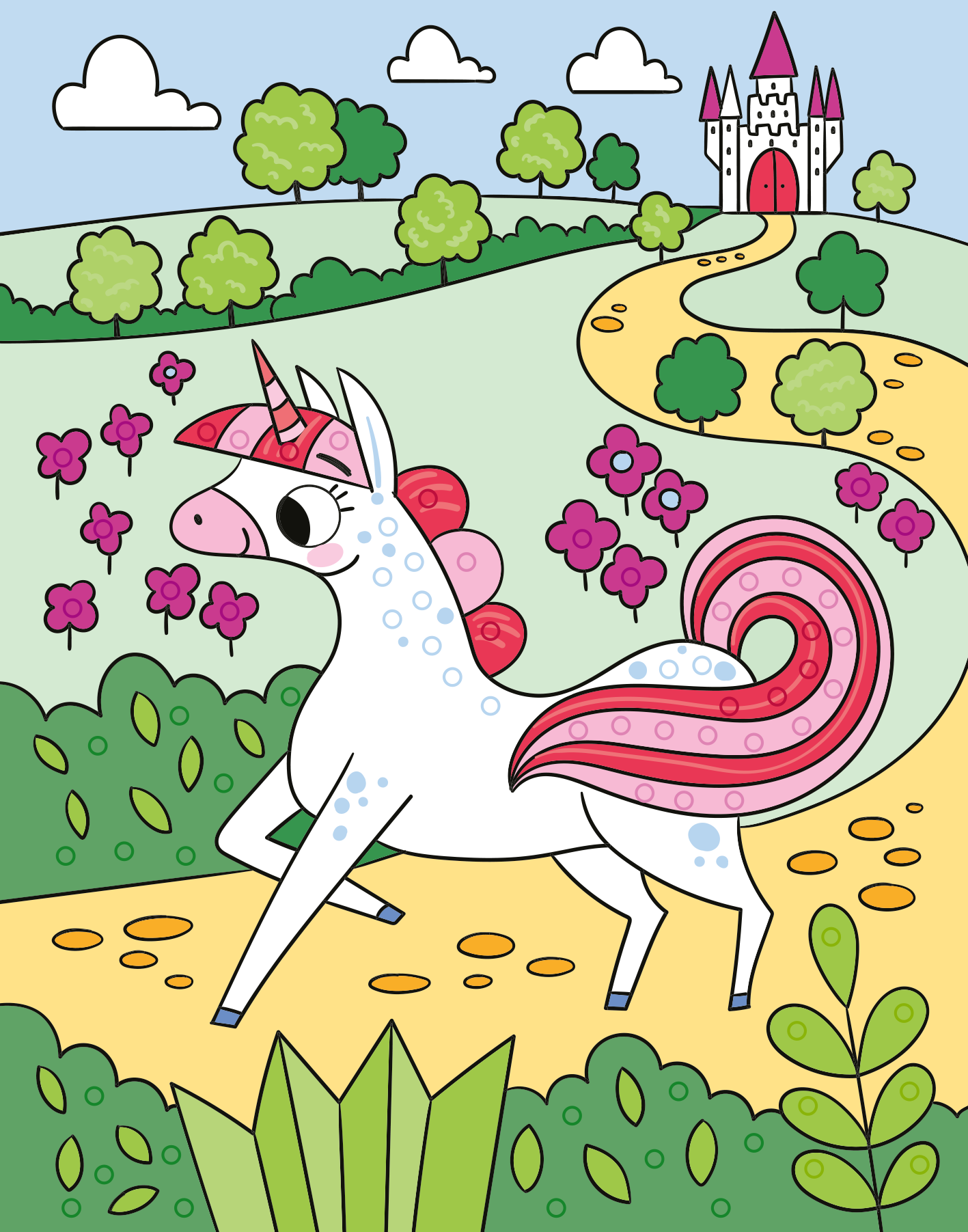 Gezeigt wird eine Innen- oder Zusatzansicht von „Mein Diamant-Stickerheft – Einhörner“. Die Illustration zeigt ein fröhliches Einhorn mit einem pinken Horn und einem bunten, geschwungenen Schweif. Umgeben von bunten Blumen und sanften Hügeln führt ein gewundener Weg zu einem märchenhaften Schloss im Hintergrund. Der Himmel ist hellblau und mit kleinen Wolken geschmückt.