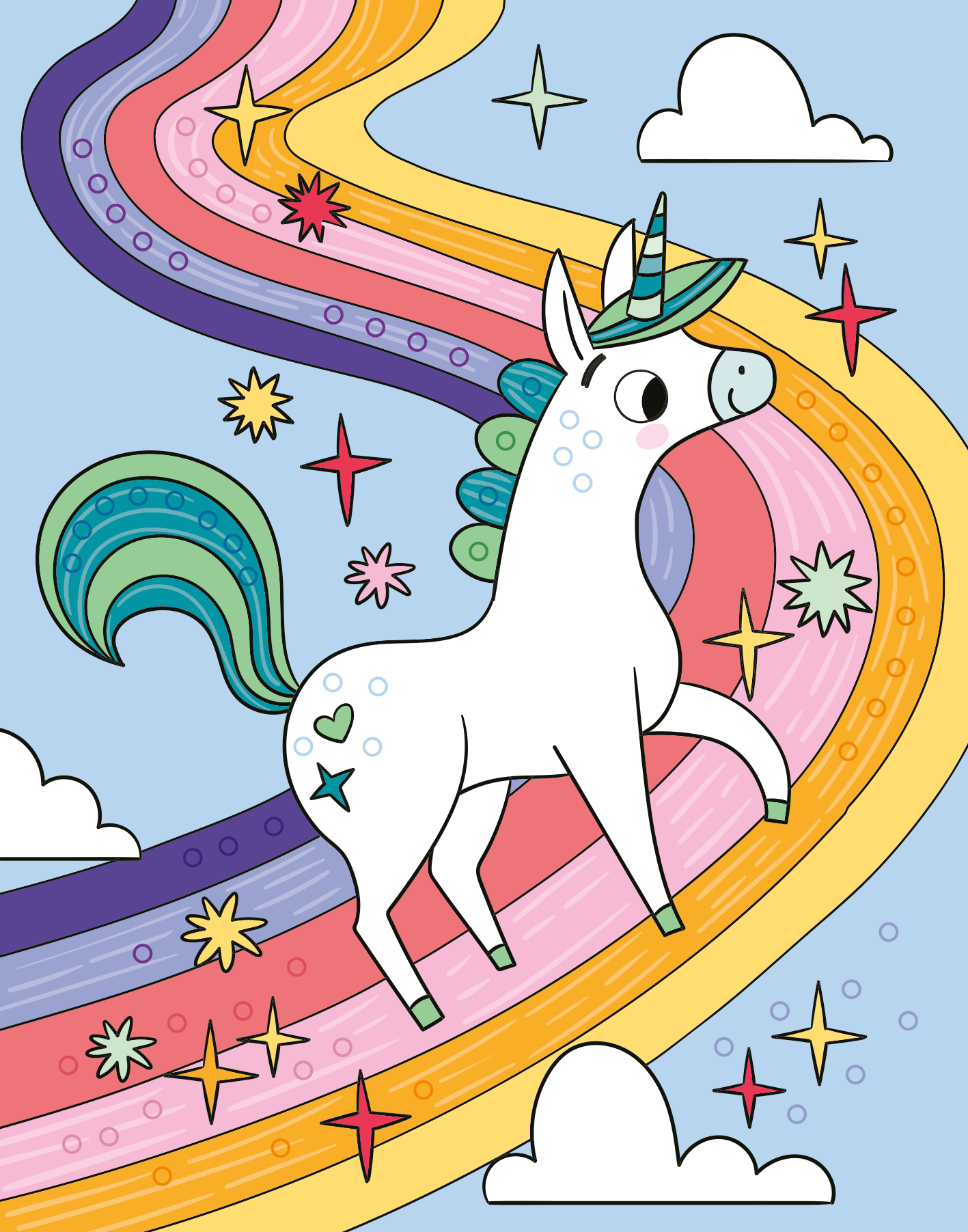 Gezeigt wird eine Innen- oder Zusatzansicht von „Mein Diamant-Stickerheft – Einhörner“. Die Illustration zeigt ein fröhliches, weißes Einhorn mit einer bunten Mähne in Blau- und Grüntönen. Es steht auf einer geschwungenen, regenbogenfarbenen Bahn, umgeben von schillernden Sternen und Wolken. Der Hintergrund ist hellblau, was die lebhaften Farben der Illustration betont.
