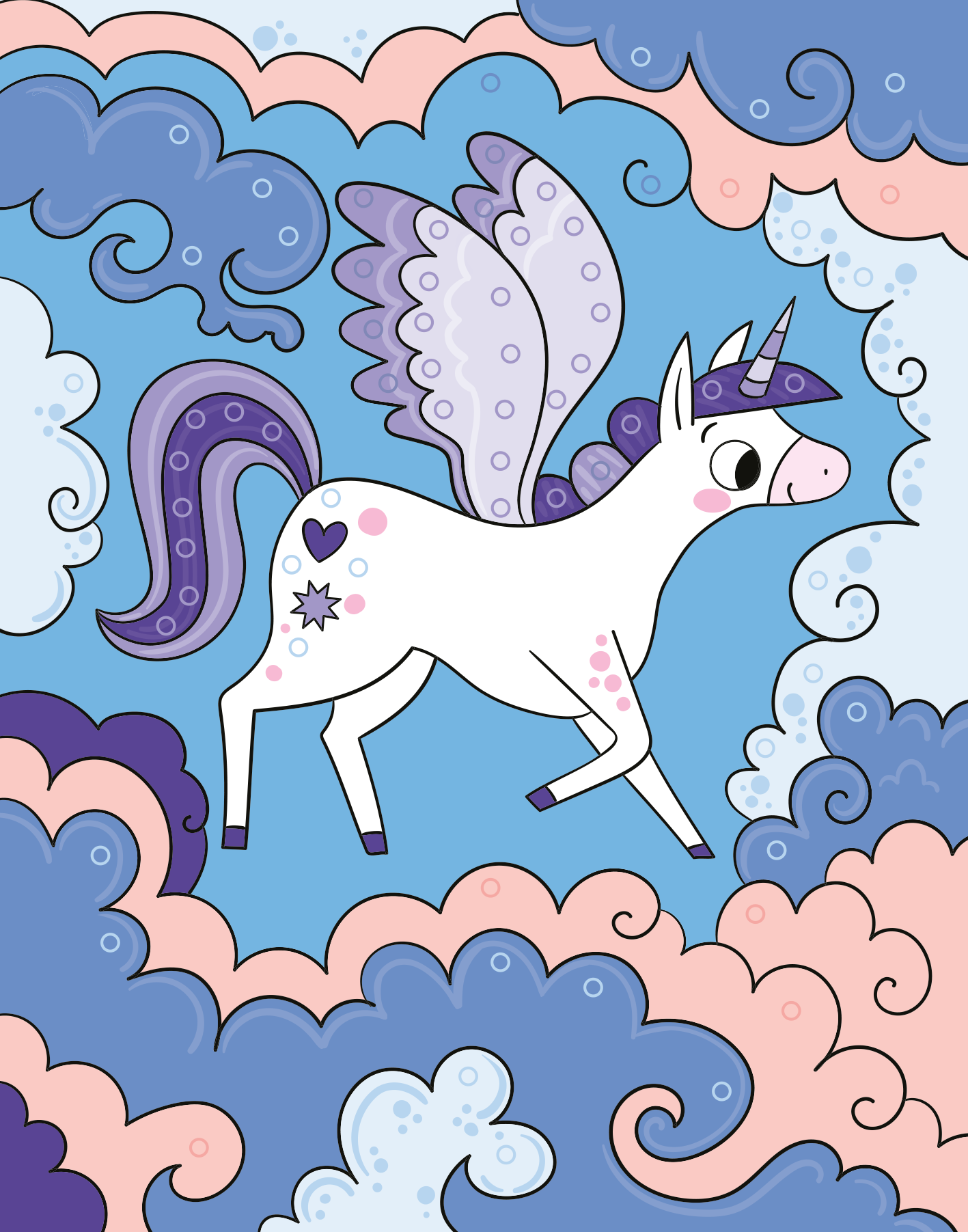 Gezeigt wird eine Innen- oder Zusatzansicht von „Mein Diamant-Stickerheft – Einhörner“. Das Bild zeigt ein freundliches, weißes Einhorn mit lila Flügeln und einem pinken Horn, umgeben von verspielten, wolkenartigen Formen in verschiedenen Blau- und Lilatönen. Die Illustrationen sind klar und schlicht gehalten, wobei fröhliche, runde Formen dominieren.