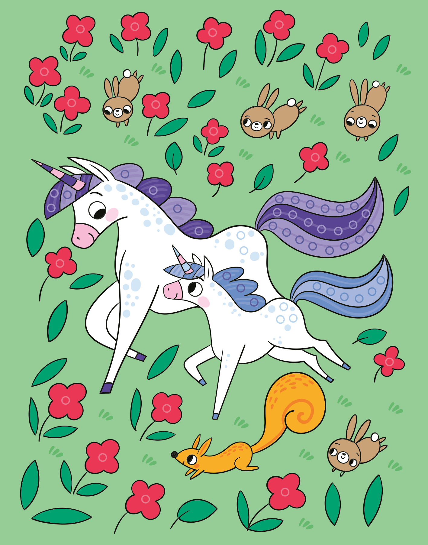 Gezeigt wird eine Innen- oder Zusatzansicht von „Mein Diamant-Stickerheft – Einhörner“. Die Illustration zeigt zwei weiße Einhörner, eines größer und eines kleiner, auf einer grünen Wiese. Umgeben sind sie von bunten Blumen in Rot und kleinen, niedlichen Tieren, darunter Hasen und ein Eichhörnchen. Die Gesamtkomposition wirkt fröhlich und einladend, ideal für Kinder.