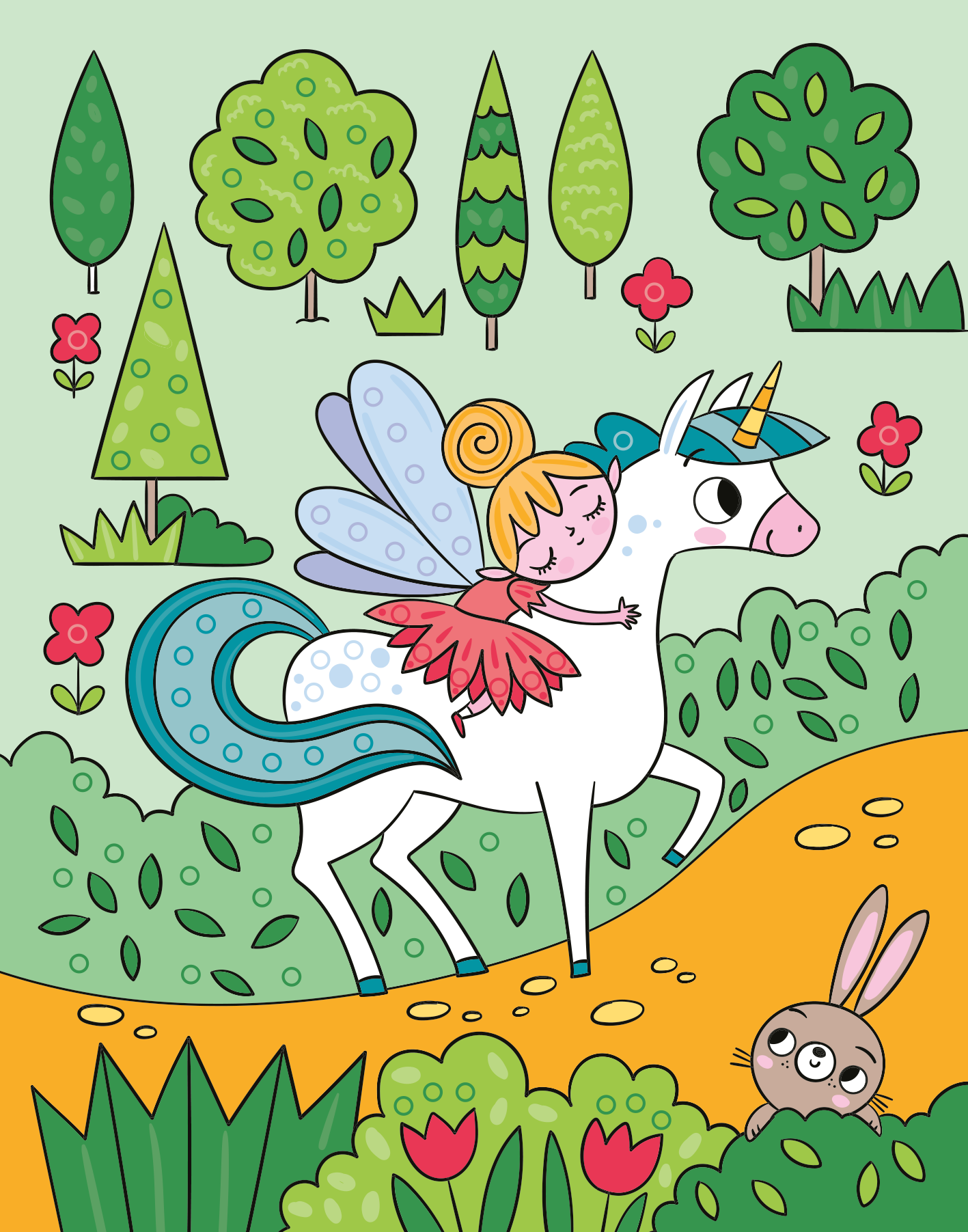 Gezeigt wird eine Innen- oder Zusatzansicht von „Mein Diamant-Stickerheft – Einhörner“. Die Illustration zeigt ein freundliches Einhorn mit blauer Mähne, das von einer lächelnden Fee mit Flügeln geritten wird. Im Hintergrund sind grüne Bäume und farbenfrohe Blumen in Rot zu sehen. Der Boden ist in sanften Orangetönen gehalten, und ein neugieriges Kaninchen schaut aus dem Gebüsch. Die Farben sind lebhaft und fröhlich.