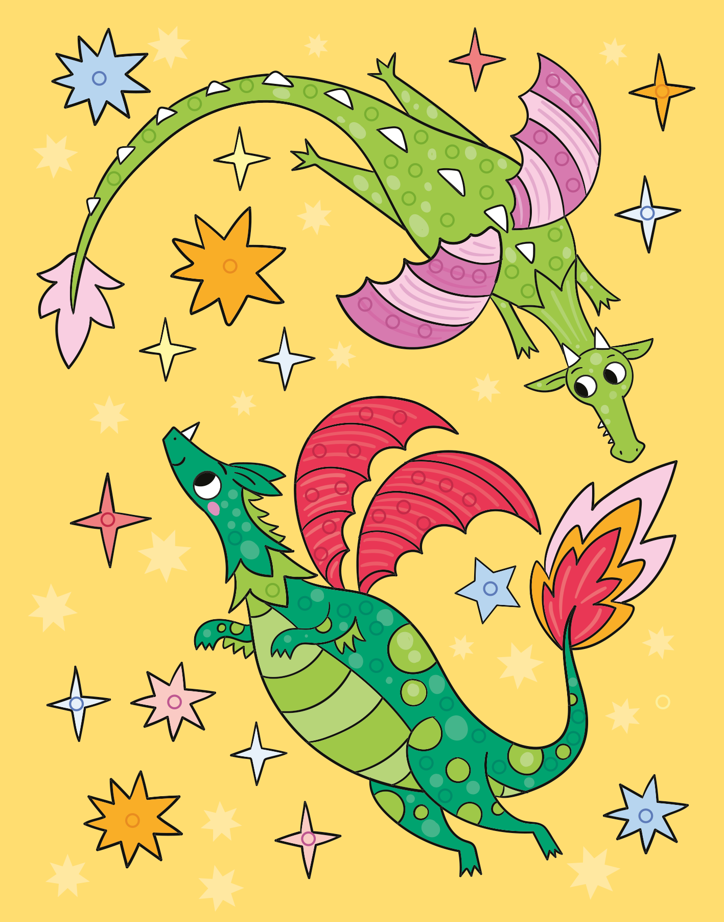 Gezeigt wird eine Innen- oder Zusatzansicht von „Mein Diamant-Stickerheft – Drachen“. Die Illustration zeigt zwei grüne Drachen in einem leuchtend gelben Himmel. Sie beiden Drachen fliegen umeinander herum und sind umgeben von verschiedenen bunten Sternen. Auf der Seite verteilt sind blasse kleine Ringe, die dazu einladen sollen, die Diamantsticker dort zu platzieren.