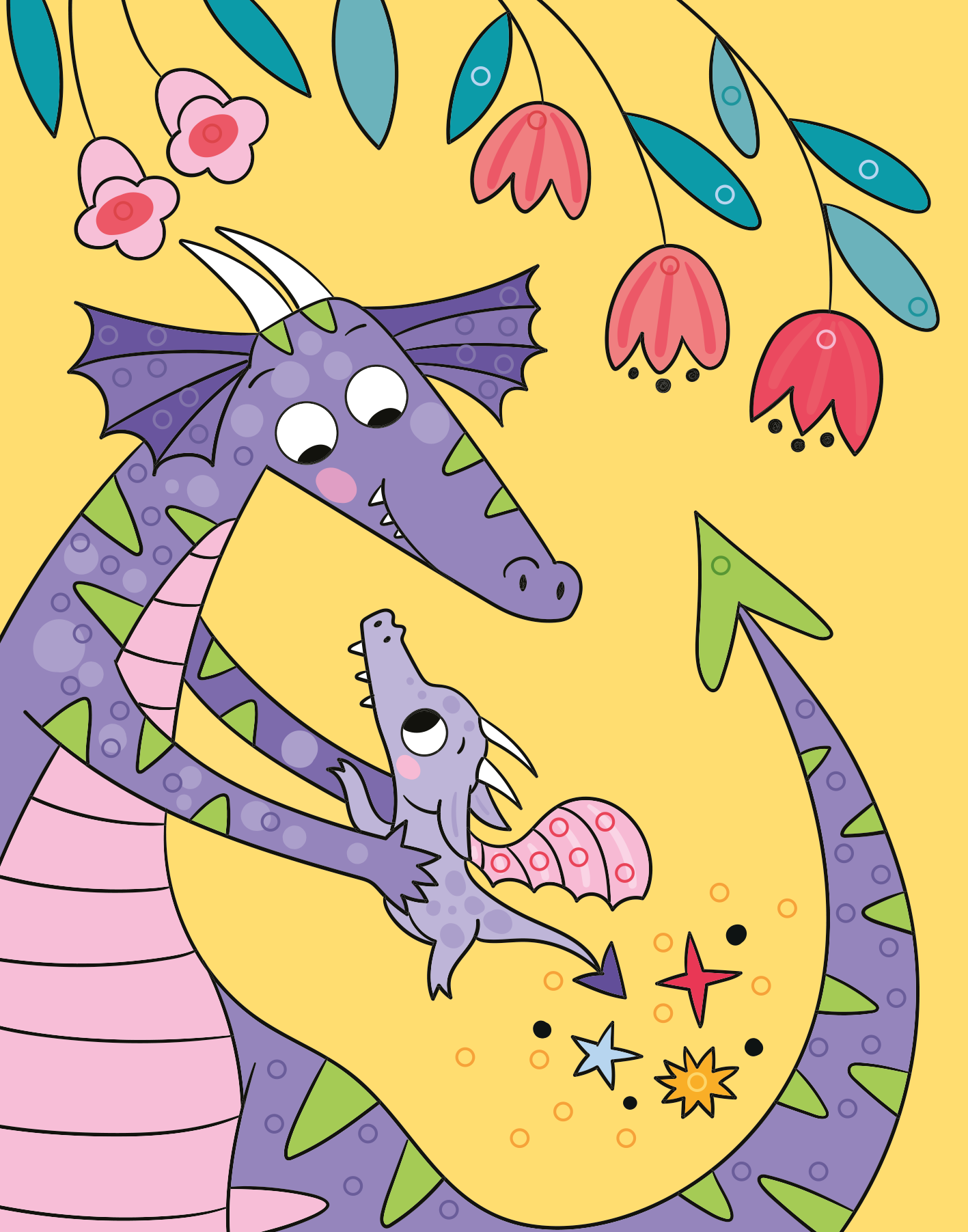 Gezeigt wird eine Innen- oder Zusatzansicht von „Mein Diamant-Stickerheft – Drachen“. Die Illustration zeigt einen großen lila Drachen, der einen kleinen, helleren Baby-Drachen auf den Arm nimmt. Beide Drachen haben große, runde Augen und fröhliche Ausdrücke. Um sie herum sind bunte Blumen in Rot- und Grüntönen sowie funkelnde Sterne in verschiedenen Farben angeordnet. Der Hintergrund ist gelb, was einen fröhlichen, einladenden Eindruck vermittelt. Blasse Ringe zeigen an, wo die...