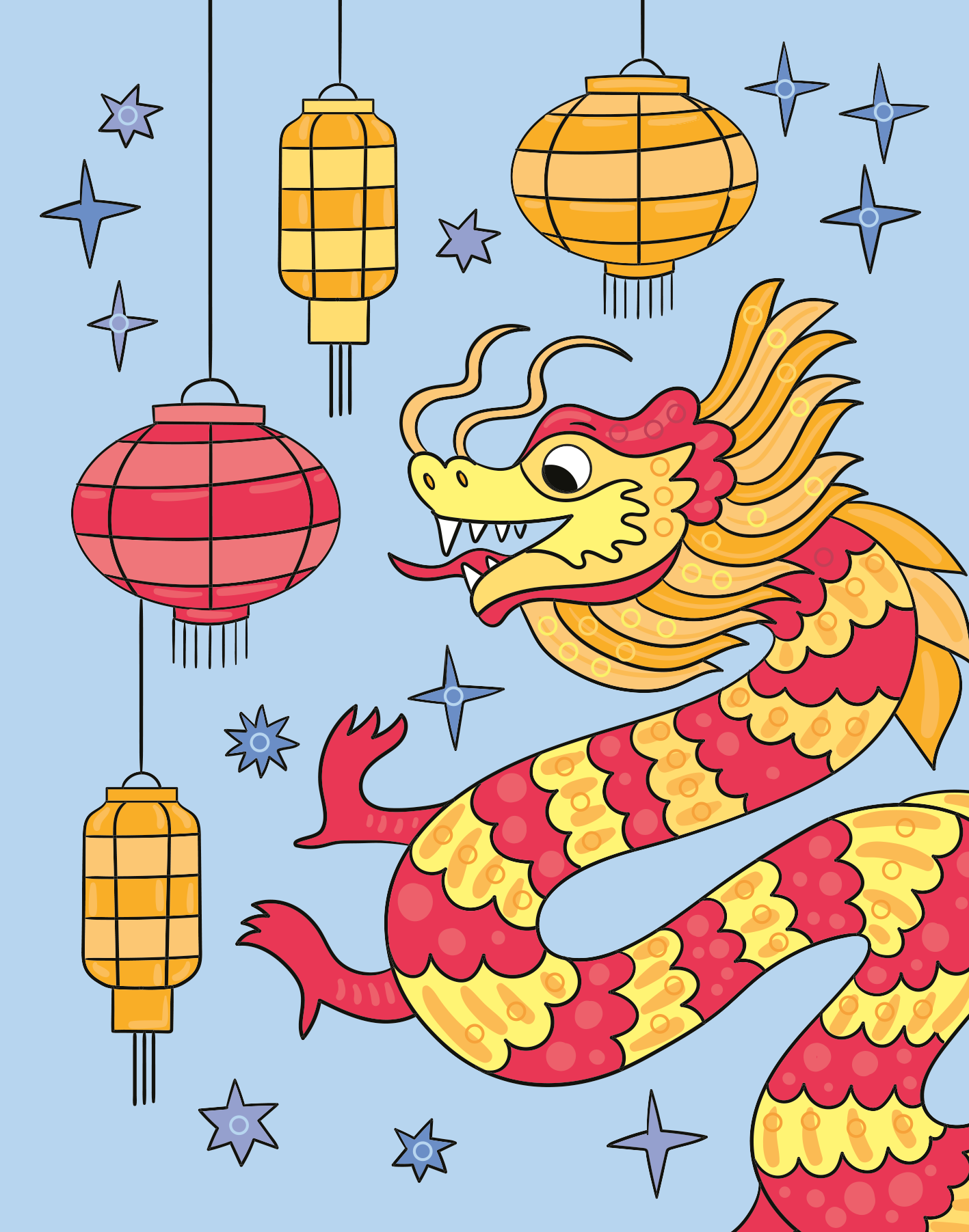 Gezeigt wird eine Innen- oder Zusatzansicht von „Mein Diamant-Stickerheft – Drachen“. Die Illustration zeigt einen bunten asiatischen Drachen in rot-gelben Farben, der vor einem hellblauen Hintergrund posiert. Um ihn herum hängen leuchtende Laternen in Rot und Gelb sowie funkelnde Sterne in verschiedenen Blautönen. Die gewellten Linien des Drachen sind detailliert ausgearbeitet, und sein Gesicht zeigt einen spielerischen Ausdruck. Die gesamte Komposition ist lebhaft und kindgerecht...