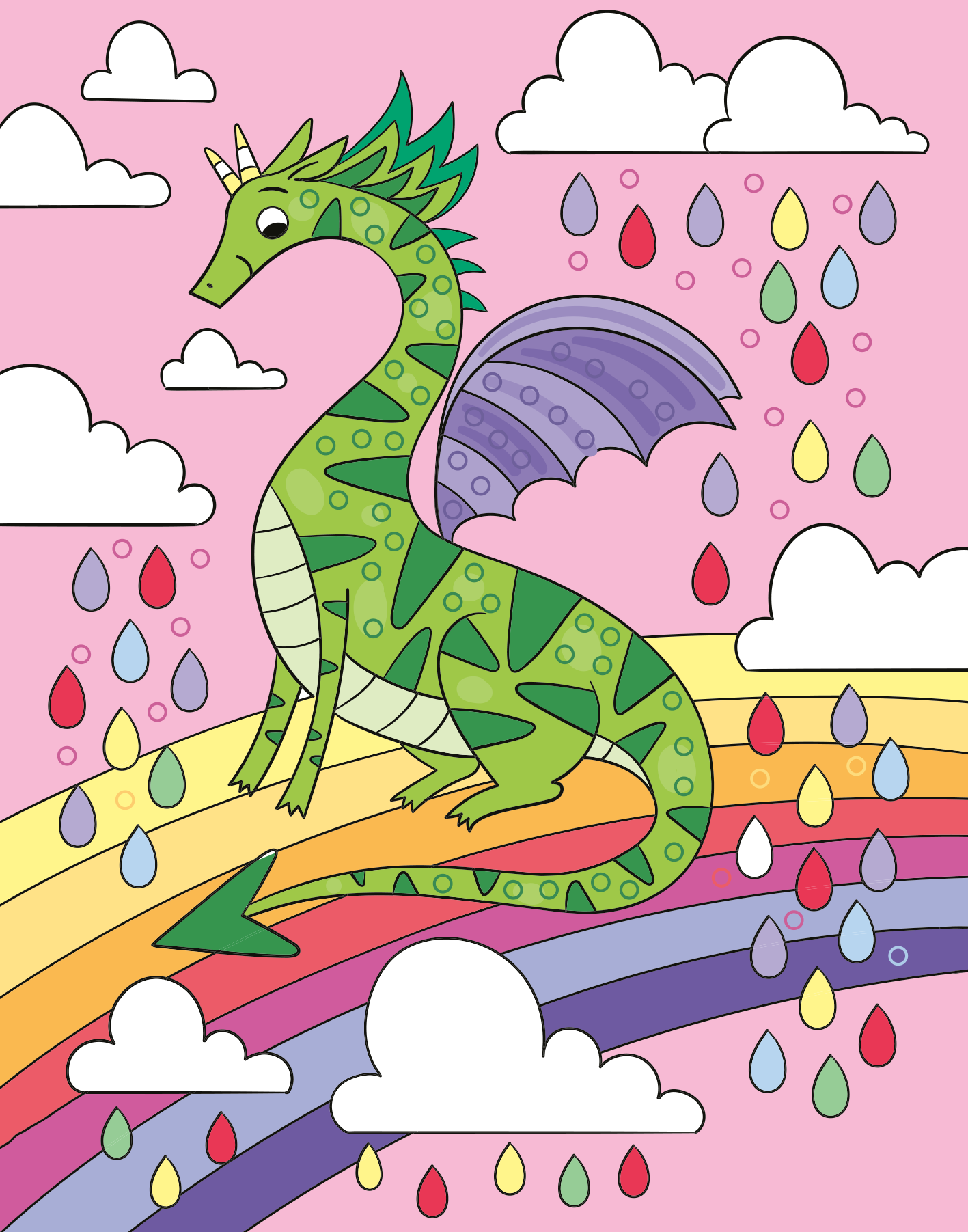 Gezeigt wird eine Innen- oder Zusatzansicht von „Mein Diamant-Stickerheft – Drachen“. Im Vordergrund steht ein großer, grüner Drache mit lilafarbenen Flügeln, der auf einem Regenbogen sitzt. Der Hintergrund ist in sanften Rosa-Tönen gehalten und wird von weißen Wolken und farbigen Regentropfen in verschiedenen Farben belebt.