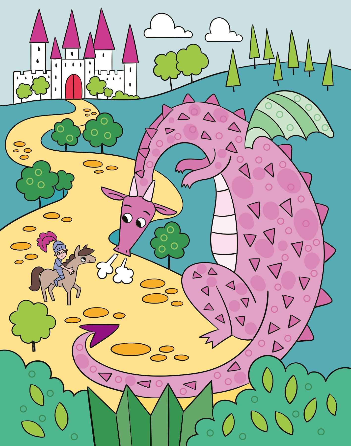 Gezeigt wird eine Innen- oder Zusatzansicht von „Mein Diamant-Stickerheft – Drachen“. Die Illustration zeigt einen großen, freundlichen, pinken Drachen mit einem grünen Flügel, der auf einem gelben Pfad sitzt. Direkt davor reitet ein mutiger Ritter auf einem braunen Pferd. Im Hintergrund ist ein märchenhaftes Schloss mit spitzen, roten Türmen und grüne Bäume zu sehen.