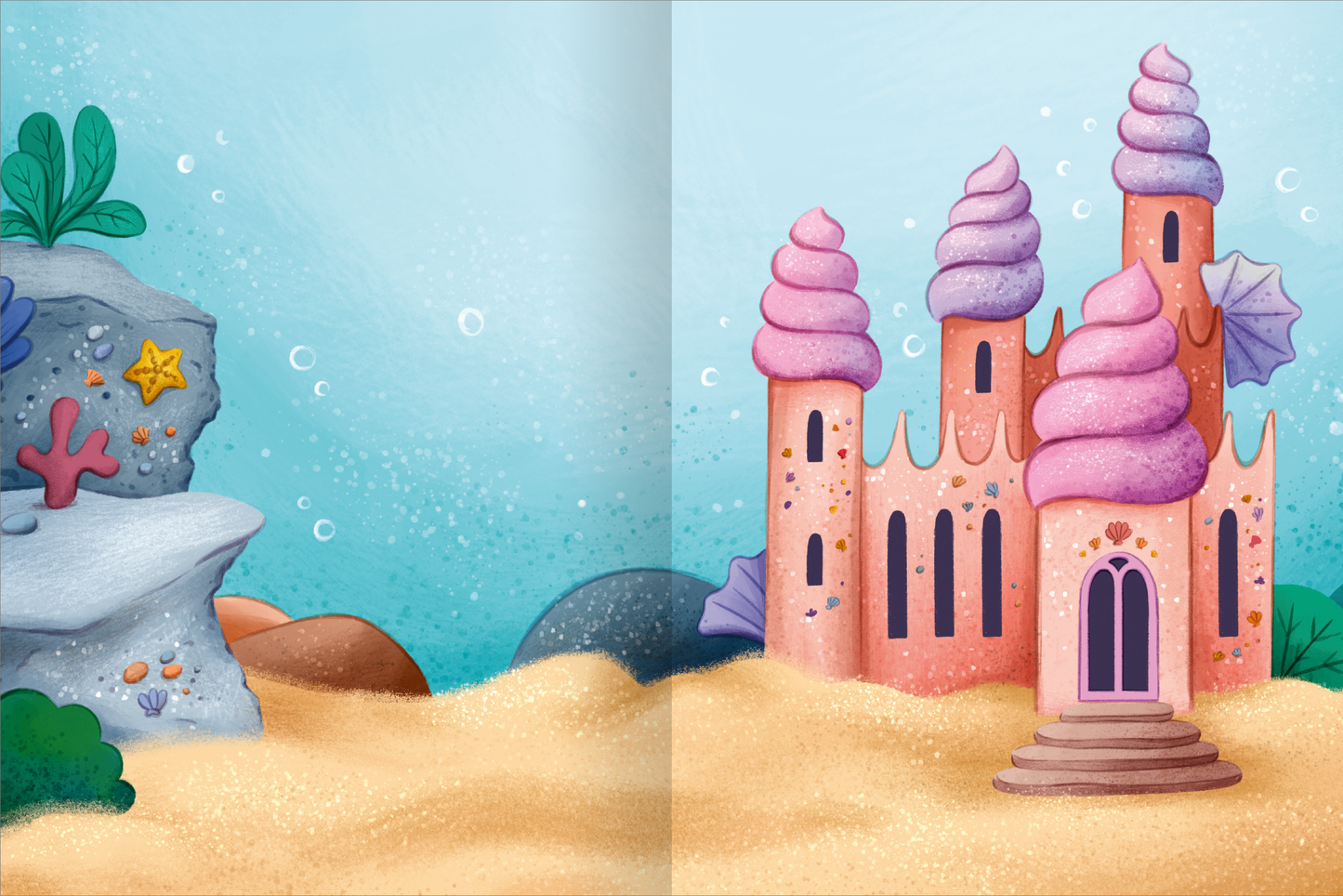 Gezeigt wird eine Innen- oder Zusatzansicht von „Mein schillerndes Stickerheft – Im Reich der Meerjungfrauen“. Die Illustration zeigt eine farbenfrohe Unterwasserlandschaft mit einer rosa-lila Muschelschloss, das von fein gearbeiteten Details und einem kräftigen Eingang geprägt ist. Im Vordergrund sind korallenartige Pflanzen und sandfarbene Steine sichtbar, während sanfte Wassertöne und Blasen einen lebendigen maritimen Flair erzeugen. Die Typografie der Titel ist verspielt und...