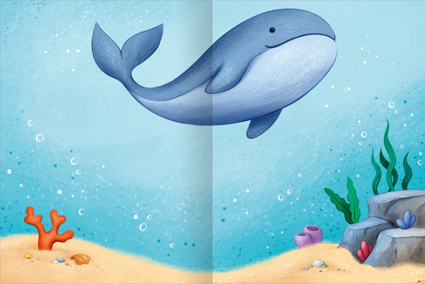 Gezeigt wird eine Innen- oder Zusatzansicht von „Mein schillerndes Stickerheft – Im Reich der Meerjungfrauen“. Die Abbildung zeigt einen sanft lächelnden Wal, der durch klarblaues Wasser schwimmt. Auf dem sandigen Grund sind bunte Korallen und Seeplfanzen in leuchtenden Farben wie rot, lila und grün zu sehen. Die Typografie ist fröhlich und kindgerecht, wobei bunte Schriftzüge die stimmungsvolle Unterwasserwelt beleben. Die Gesamterscheinung vermittelt ein Gefühl von Abenteuer und...