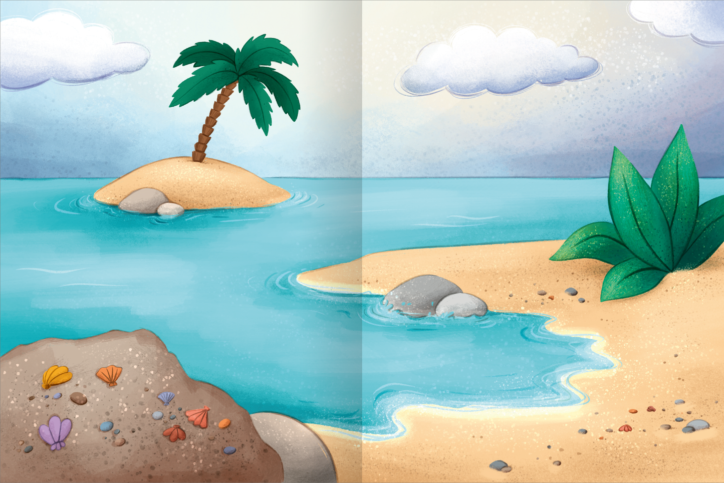 Gezeigt wird eine Innen- oder Zusatzansicht von „Mein schillerndes Stickerheft – Im Reich der Meerjungfrauen“. Die Illustration zeigt eine tropische Szenerie mit einem grünen Palmenbaum auf einer sandigen Insel. Im Vordergrund sind verschiedene bunte Muscheln und Steine auf leicht gelblichem Sand sichtbar. Das Wasser ist in verschiedenen Blautönen gehalten, und sanfte Wellen umspielen die Küste. Am rechten Rand wächst eine große, grüne Pflanze. Der gesamte Farbton vermittelt eine...