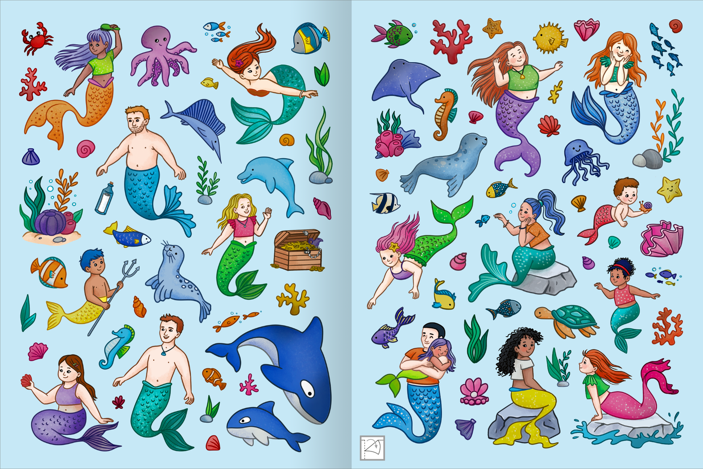 Gezeigt wird eine Innen- oder Zusatzansicht von „Mein schillerndes Stickerheft – Im Reich der Meerjungfrauen“. Die Illustration präsentiert eine lebendige Unterwasserwelt, erfüllt von bunten Meerjungfrauen in verschiedenen Posen. Die Farbpalette reicht von strahlendem Blau, Grün und Lila bis hin zu warmen Hauttönen. Ergänzt werden die Figuren durch unterschiedliche Meeresbewohner wie Fische, Schildkröten und einen Oktopus, umrahmt von prächtigen Korallen und Pflanzen. Die...