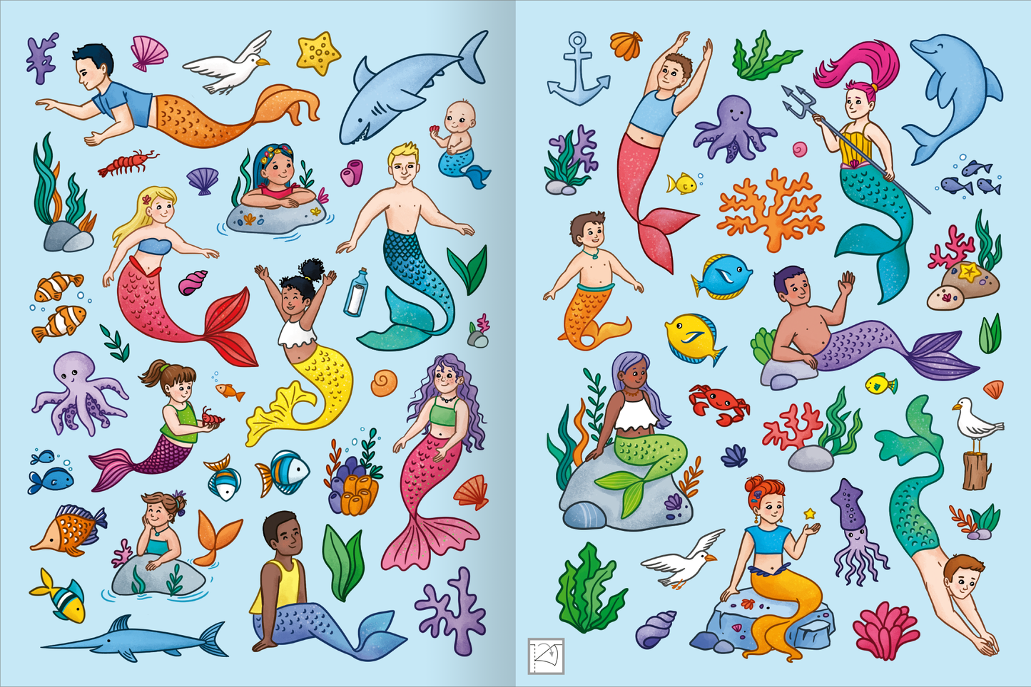 Gezeigt wird eine Innen- oder Zusatzansicht von „Mein schillerndes Stickerheft – Im Reich der Meerjungfrauen“. Die Seite ist in sanften Blau- und Pastelltönen gehalten und zeigt eine Vielzahl von fröhlichen Meerjungfrauen, Kindern und Meeresbewohnern. Bunte Illustrationen mit Meeresmotiven wie Fischen, Korallen und Seekreaturen sind verteilt. Die Typografie ist verspielt und kindgerecht, und es sind viele verschiedene Hauttöne und Frisuren dargestellt, die Vielfalt und Freude...