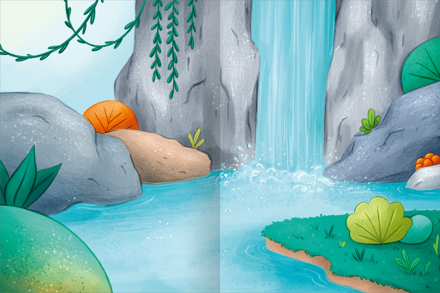 Gezeigt wird eine Innen- oder Zusatzansicht von „Mein schillerndes Stickerheft – Magische Tierwelt“. Die Illustration zeigt eine lebendige Wasserlandschaft mit einem sanft fallenden Wasserfall, umgeben von grauen Felsen. Die Farben sind hell und einladend, mit kräftigem Blau für das Wasser und verschiedenen Grüntönen für Pflanzen. Orange und beige farbige Steine runden das Bild ab, während sanfte Lichtreflexe auf der Wasseroberfläche erkennbar sind.