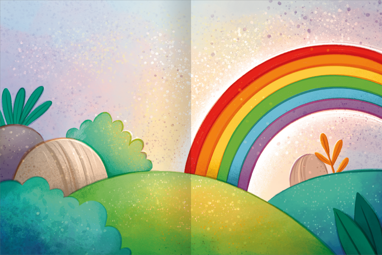 Gezeigt wird eine Innen- oder Zusatzansicht von „Mein schillerndes Stickerheft – Magische Tierwelt“. Die Illustration zeigt sanfte, geschwungene Hügel in verschiedenen Grüntönen, umgeben von bunten Bäumen und Pflanzen. Ein leuchtender Regenbogen mit sieben Farben spannt sich über die Szene, während ein heller, pastellfarbener Hintergrund eine magische Stimmung erzeugt. Die Typografie auf der Seite ist verspielt, passend zum Gesamtbild und den fantasievollen Elementen.