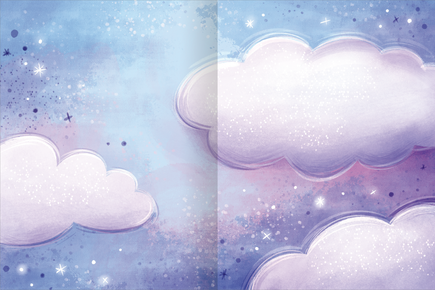 Gezeigt wird eine Innen- oder Zusatzansicht von „Mein schillerndes Stickerheft – Magische Tierwelt“. Die Seite präsentiert einen sanften, lila-blauen Himmel, durchzogen von großen, pastellfarbenen Wolken. Der Hintergrund weist glitzernde Sterne und kleine, funkelnde Elemente auf, die eine märchenhafte Atmosphäre schaffen. Die Farbkombination und der weiche Pinselstrich verleihen dem Design eine verträumte, einladende Wirkung, die die Fantasie anregt.