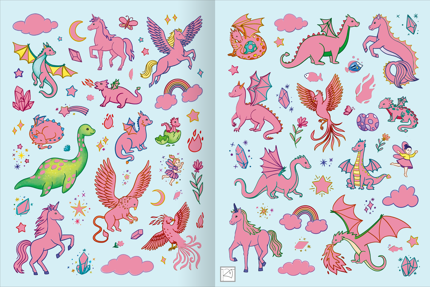 Gezeigt wird eine Innen- oder Zusatzansicht von „Mein schillerndes Stickerheft – Magische Tierwelt“. Die Seite zeigt eine Vielzahl bunter, fantasievoller Tiermotive, darunter rosa Einhörner, drachenartige Kreaturen und bunte Dinosaurier, die harmonisch auf einem hellblauen Hintergrund angeordnet sind. Elemente wie Sterne, Regenbögen und Blumen umrahmen die Tiere. Die Typografie ist verspielt und kindgerecht, mit einer Überzahl an Pastelltönen, die eine fröhliche, magische Atmosphäre...