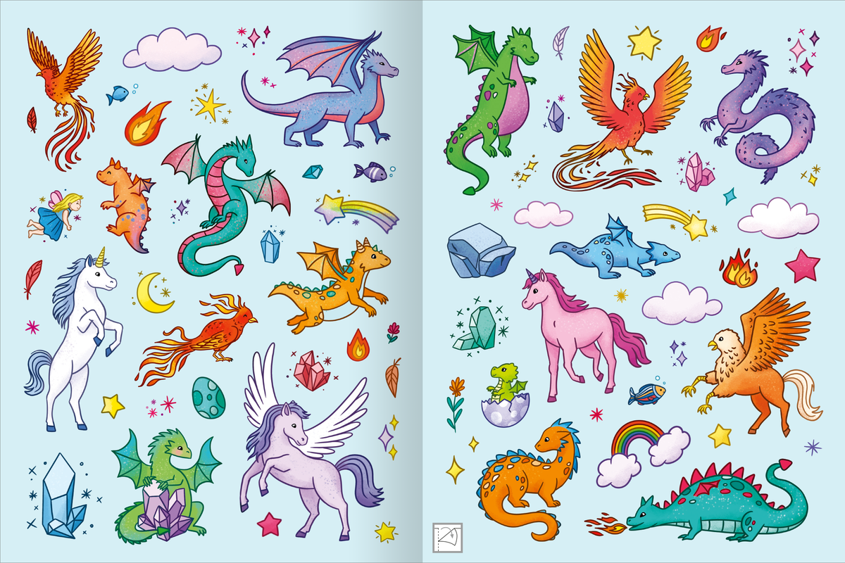 Gezeigt wird eine Innen- oder Zusatzansicht von „Mein schillerndes Stickerheft – Magische Tierwelt“. Die Seite präsentiert eine lebendige Ansammlung von bunten, illustrierten Fabeltieren wie Drachen, Einhörnern und Phönixen. Die verschiedenen Figuren sind in hellen Farben wie Rosa, Blau und Grün gehalten und kreativ umrahmt von funkelnden Sternen, Wolken und anderen fantastischen Elementen. Die verspielte Typografie ergänzt die magische Atmosphäre des Heftes.