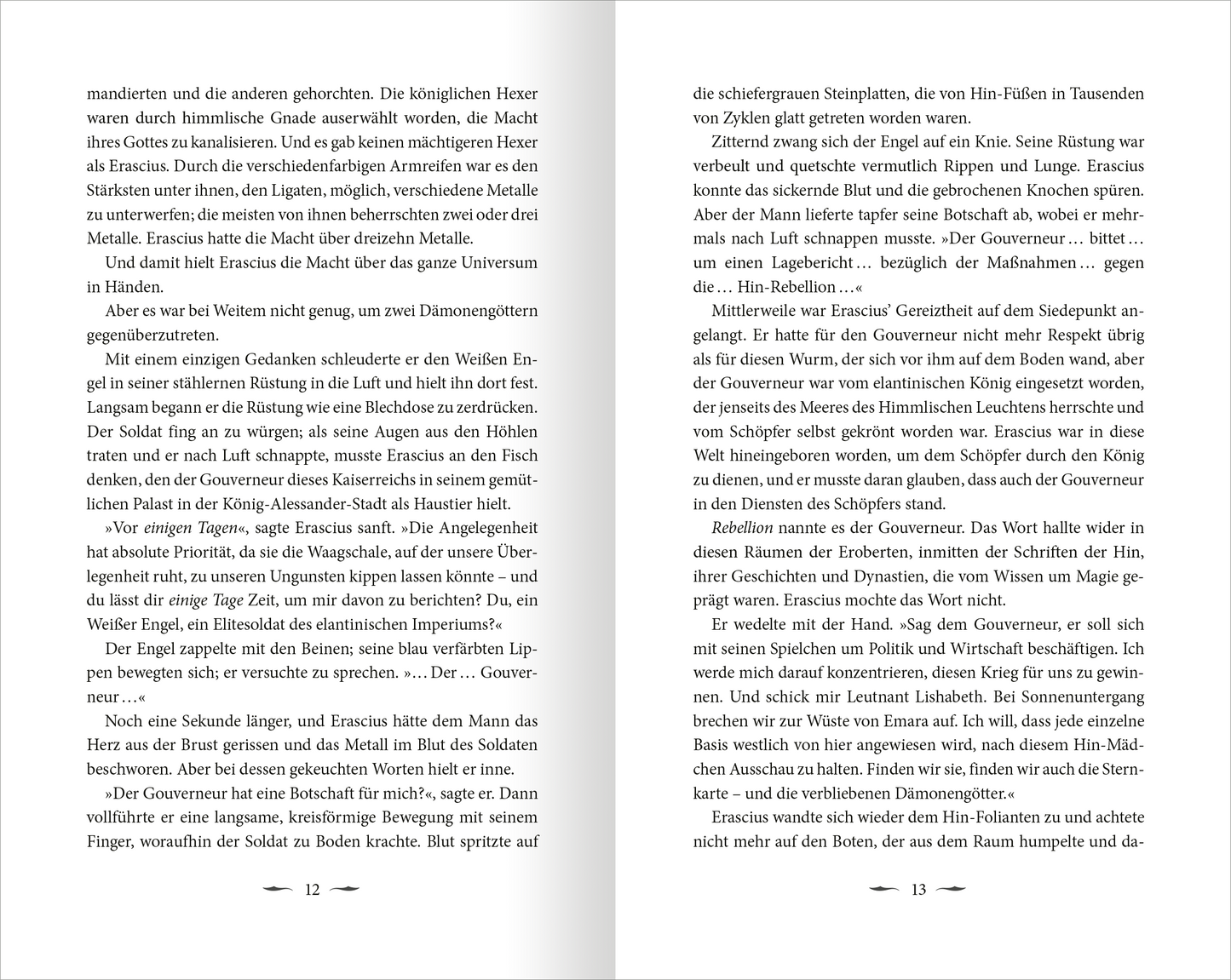 Gezeigt wird eine Innen- oder Zusatzansicht von „Dark Star Burning – Das letzte Kaiserreich“. Die Seite zeigt einen fortlaufenden Text in schwarzer Schrift auf weißem Hintergrund, unterbrochen von Absätzen und Seitenzahlen in der oberen Ecke. Die verwendete Typografie ist klar und gut lesbar, mit einer seriösen Anmutung. Es sind keine Abbildungen oder grafischen Elemente vorhanden, was den Fokus auf den Inhalt und die Lesbarkeit lenkt.