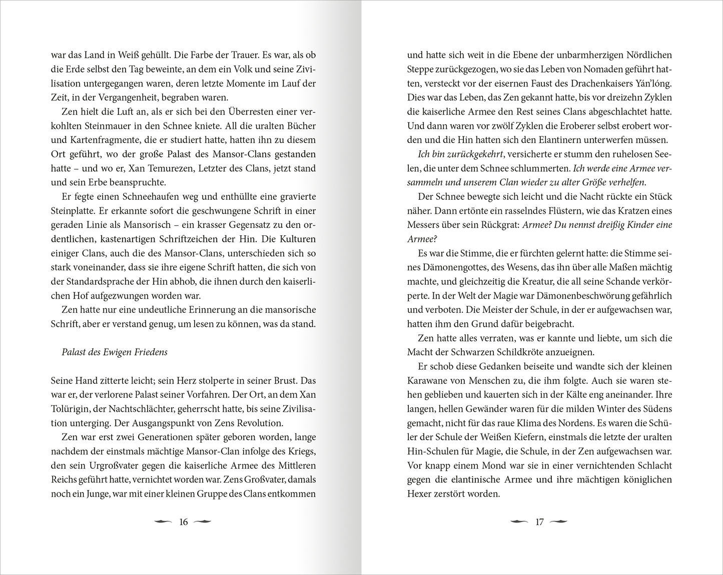 Gezeigt wird eine Innen- oder Zusatzansicht von „Dark Star Burning – Das letzte Kaiserreich“. Die Seiten sind überwiegend in einem klaren Schwarz-Weiß-Layout gehalten, mit einem deutlichen Kontrast zwischen dem weißen Hintergrund und der schwarz gedruckten Schrift. Die Typografie ist gut lesbar, mit serifenlosen Schriftzügen in normaler Größe. Auf der linken Seite ist eine durchgehende Textpassage abgebildet, die mit präzisen Absätzen strukturiert ist, während die rechte Seite...