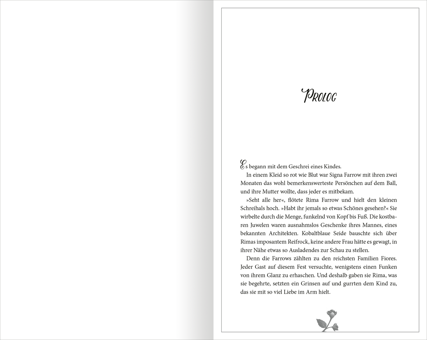 Gezeigt wird eine Innenansicht von „Belladonna – Die Berührung des Todes“. Die Seite zeigt den textuellen Prolog in schwarzer Schrift auf hellem Hintergrund. Die Kopfzeile „PROLOG“ ist in eleganter, geschwungener Typografie und hebt sich deutlich vom Text ab. Am unteren Bildrand ist eine zarte, stilisierte Blume in Grau zu sehen. Der Gesamteindruck ist klar und ansprechend, mit einem Fokus auf Lesbarkeit und einem harmonischen Layout.