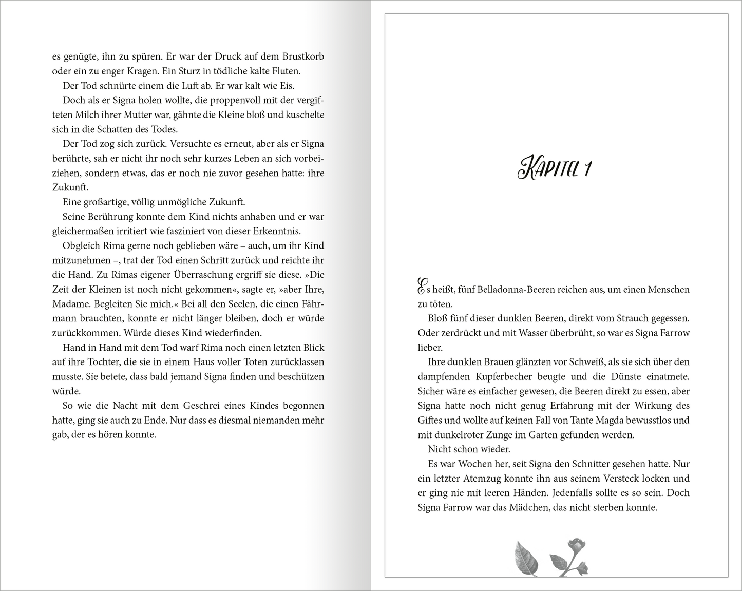 Gezeigt wird eine Innen- oder Zusatzansicht von „Belladonna – Die Berührung des Todes“. Auf der linken Seite ist ein Textabschnitt mit kursiver Schrift und klarer, gut lesbarer Typografie abgebildet. Der Hintergrund ist in einem sanften, cremefarbenen Ton gehalten. Auf der rechten Seite steht „Kapitel 1“ in einer eleganten Schriftart, die durch ihre Größe und Schriftart ins Auge fällt. Das Layout ist übersichtlich und sorgt für eine angenehme Leserführung.