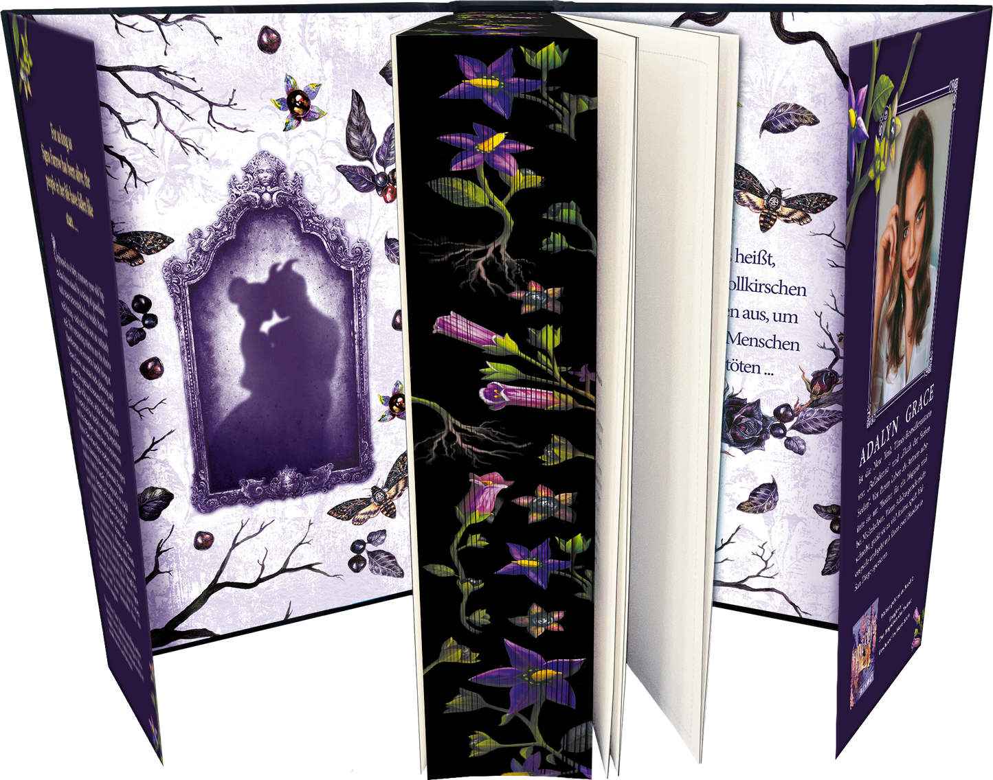 Gezeigt wird eine Innen- oder Zusatzansicht von „Belladonna – Die Berührung des Todes“. Die Gestaltung ist geprägt von sanften Lila- und Violetttönen, ergänzt durch dunkle, blattartige Motive. Auf der linken Innenseite befindet sich ein eleganter Schattenriss, während rechts ein Porträt mit dem Namen der Autorin präsentiert wird. Florale Illustrationen in leuchtenden Farben ziehen sich über den Buchschnitt. Die Schrift ist klar und gut lesbar.