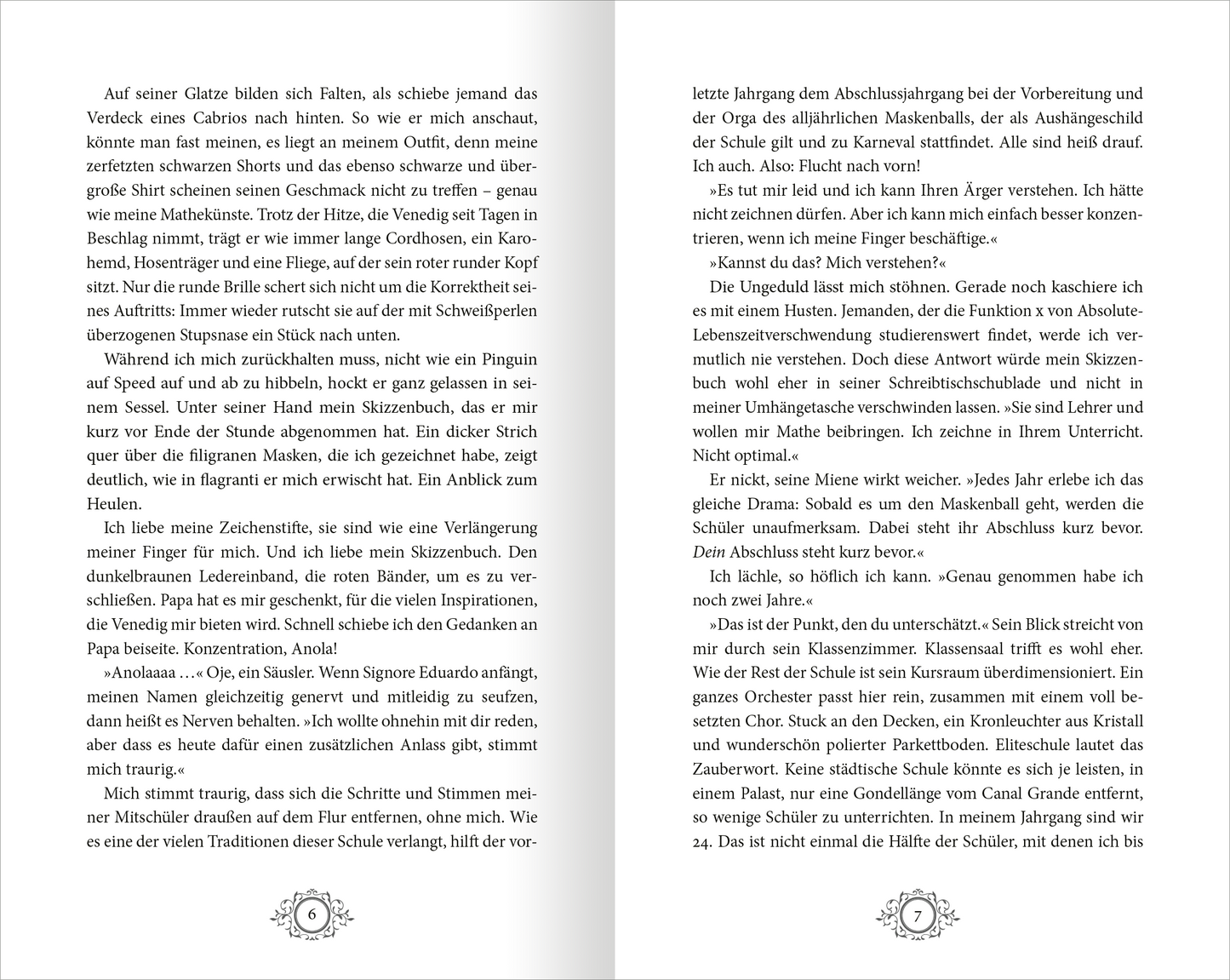 Gezeigt wird eine Innen- oder Zusatzansicht von „Stadt aus Wasser und Licht – Die Maskenmagierin“. Die Seiten sind in einem klaren, gut lesbaren Layout gestaltet, mit schwarzer Typografie auf hellem Hintergrund. Zentrale Textabschnitte sind durch einen eleganten rechten Rand strukturiert. Illustrationen könnten in sanften Farben gestaltet sein, um die Atmosphäre der Geschichte zu unterstützen. Die Schriftgröße ist angenehm, wodurch die Lesbarkeit für alle Altersgruppen...