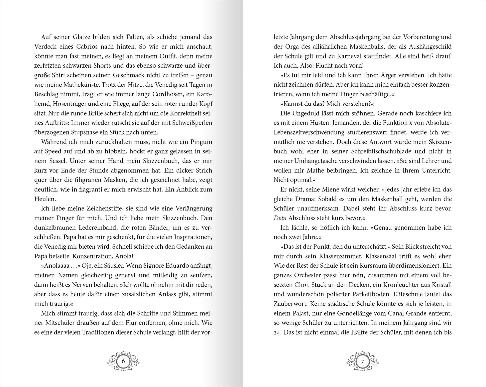 Gezeigt wird eine Innen- oder Zusatzansicht von „Stadt aus Wasser und Licht – Die Maskenmagierin“. Die Seiten sind in einem klaren, gut lesbaren Layout gestaltet, mit schwarzer Typografie auf hellem Hintergrund. Zentrale Textabschnitte sind durch einen eleganten rechten Rand strukturiert. Illustrationen könnten in sanften Farben gestaltet sein, um die Atmosphäre der Geschichte zu unterstützen. Die Schriftgröße ist angenehm, wodurch die Lesbarkeit für alle Altersgruppen...