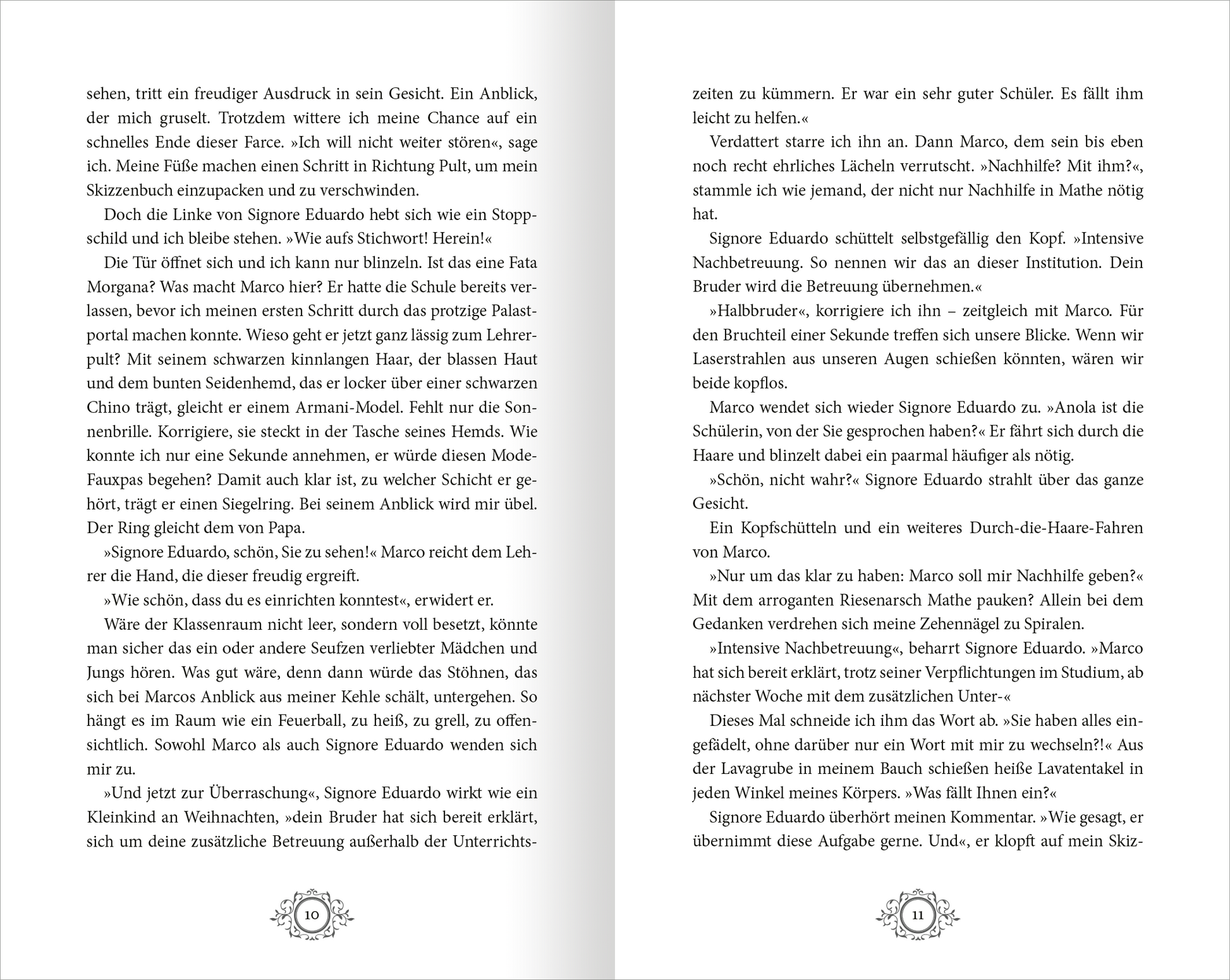 Gezeigt wird eine Innen- oder Zusatzansicht von „Stadt aus Wasser und Licht – Die Maskenmagierin“. Die Seiten zeigen einen fließenden, gut lesbaren Text in einer klaren serifenlosen Schrift. Die Farbgestaltung ist in sanften, warmen Tönen gehalten, die eine einladende Atmosphäre schaffen. Es sind keine ablenkenden Elemente vorhanden, die den Lesefluss stören könnten. Der Seitenaufbau ist übersichtlich, mit ausreichend weißen Ruhemomenten zwischen den Textabschnitten.