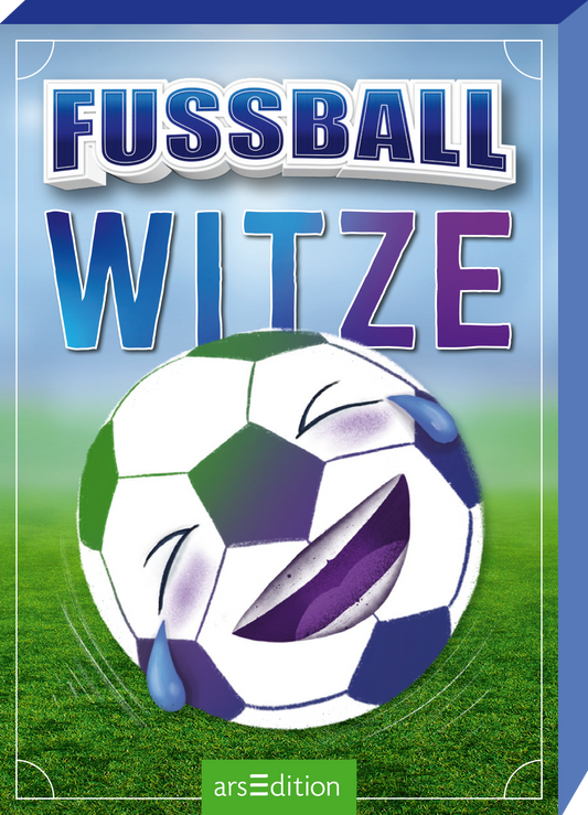 Auf dem Buchcover ist ein fröhlicher Fußball mit einem breiten Lächeln und lachenden Augen abgebildet, der Tränen der Freude verteilt. Der Hintergrund zeigt eine grüne Wiese und einen blauen Himmel. Der Titel „FUSSBALL WITZE“ ist in großen, auffälligen Buchstaben platziert, wobei „FUSSBALL“ in Weiß und „WITZE“ in einem Farbverlauf von Blau zu Lila gestaltet ist. Ganz unten mittig steht der Logoschriftzug von arsEdition.