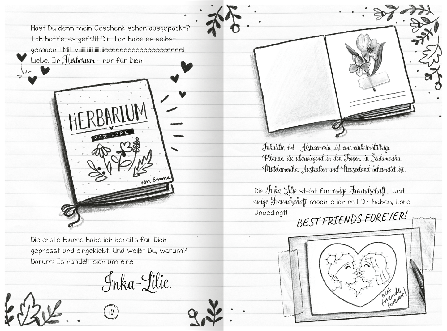Gezeigt wird eine Innen- oder Zusatzansicht von „PS: Du bist immer für mich da!“. Auf der linken Seite befindet sich ein gezeichnetes Buchcover mit dem Titel „HERBARIUM für LORE“ in verspielter Schrift. Daneben sind florale Elemente und Herzen skizziert. Die rechte Seite zeigt eine geöffnete Buchseite mit einer skizzierten Blume, ergänzt durch handschriftliche Notizen und den Text „BEST FRIENDS FOREVER!“. Die gesamte Gestaltung ist in schwarz-weiß gehalten, mit kreativen,...