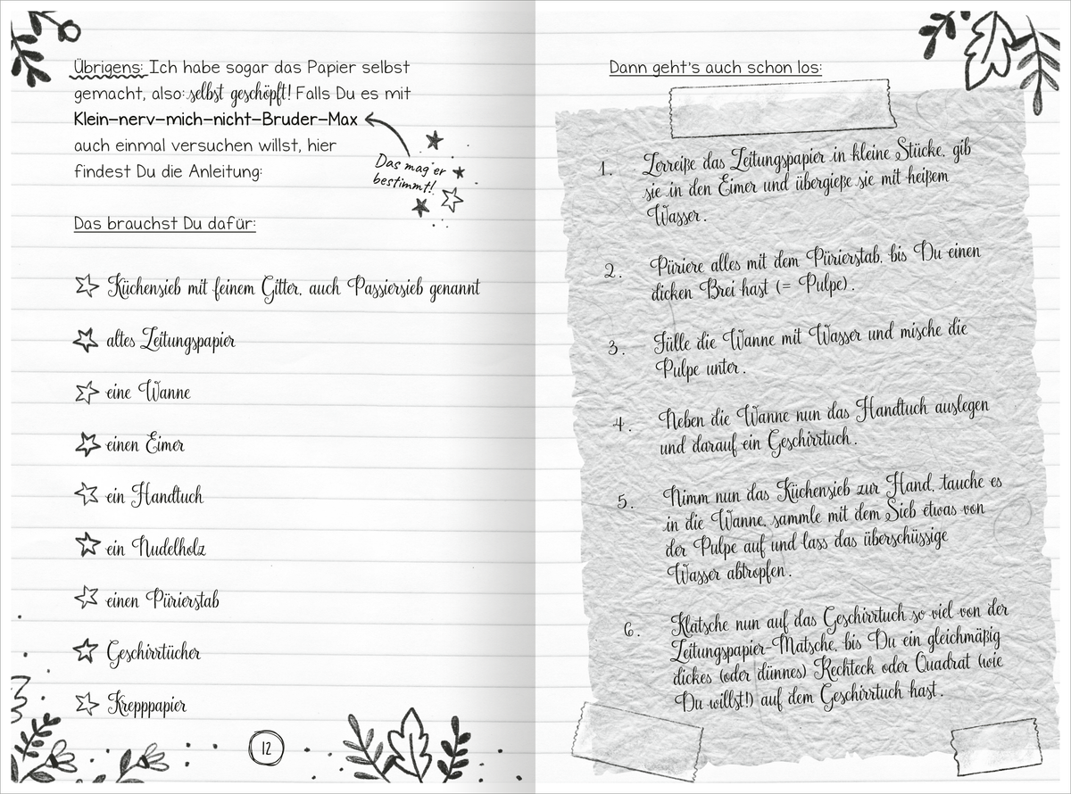 Gezeigt wird eine Innen- oder Zusatzansicht von „PS: Du bist immer für mich da!“. Die Seite ist im handschriftlichen Stil gestaltet und enthält ein Rezept, das handschriftlich dargestellt ist. Links stehen die Zutaten eingerahmt von floralen Illustrationen. Rechts findet sich die Vorgangsbeschreibung, die wie mit Klebeband eingeklebt illustriert wurde.