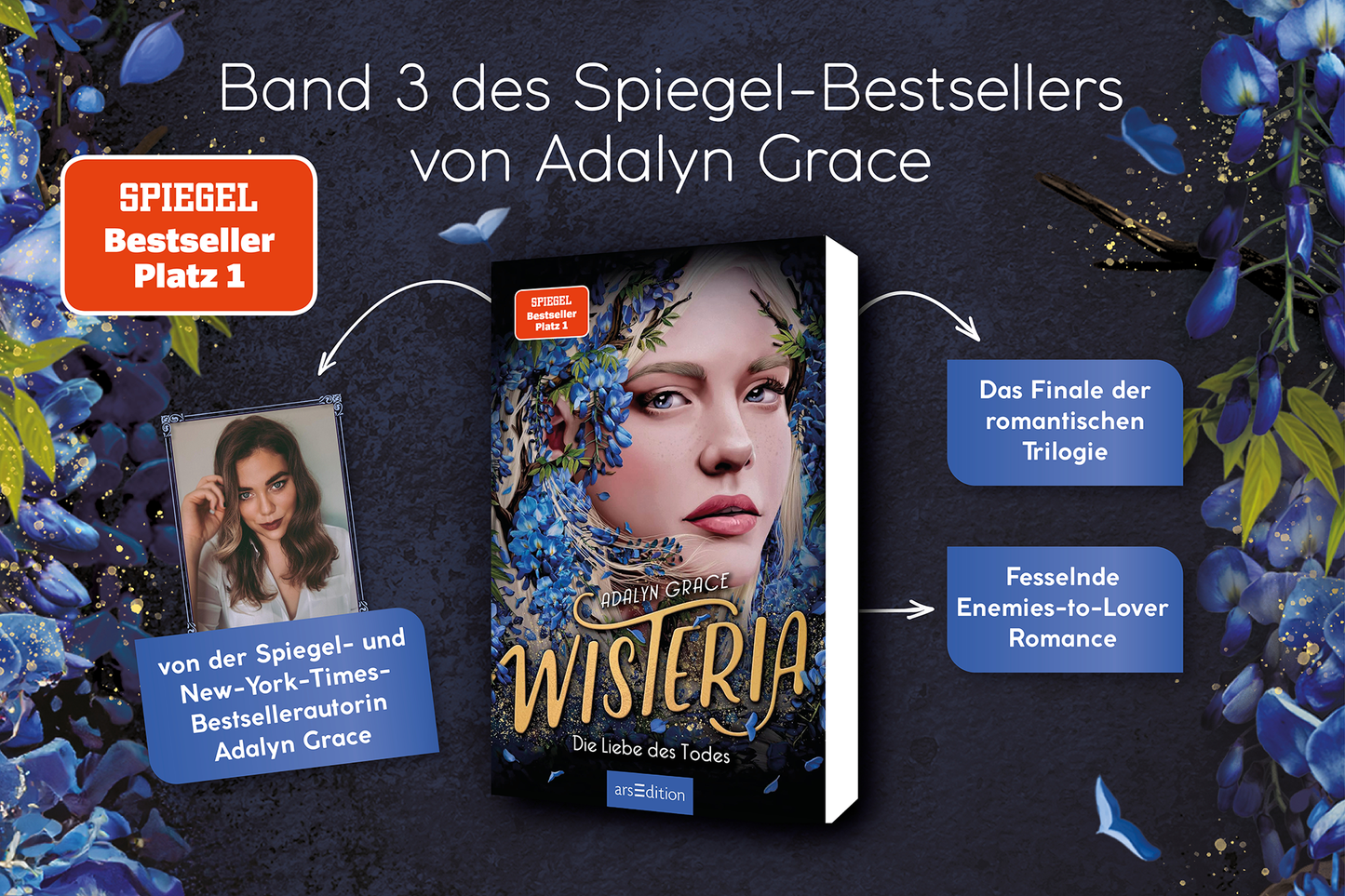 Gezeigt wird eine Innen- oder Zusatzansicht von „Wisteria – Die Liebe des Todes“. Die Darstellung umfasst einen farbenfrohen Hintergrund mit blauen und lilafarbenen Blumen, die den Titel umrahmen. Der Titel „Wisteria“ ist in einer eleganten, großen Schriftart in Gold gehalten, während der Untertitel in einer klaren, weißen Schrift erscheint. Der Name der Autorin, Adalyn Grace, ist prominent platziert. Zusätzliche Informationen sind in einer modernen Schriftart angeordnet und heben...