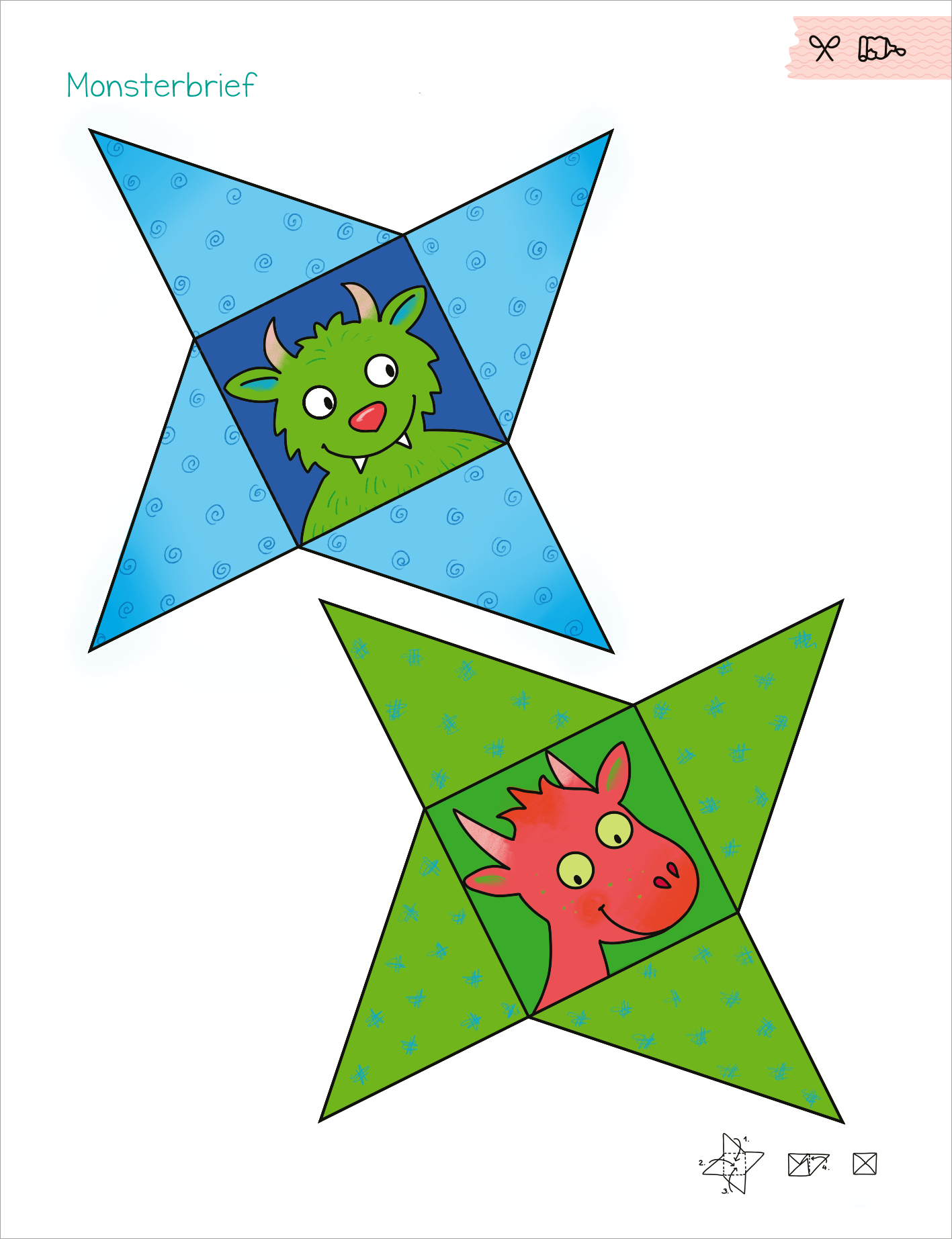 Gezeigt wird eine Innen- oder Zusatzansicht von „Mein erstes großes Ferien-Bastelheft“. Die Abbildung zeigt einen bunten Monsterbrief, der aus einem auffälligen, sternförmigen Design besteht. Oben ist ein blauer Bereich mit kreisförmigen Mustern und einem grünen Monster mit großen Augen und Hörnern. Unten befinden sich grüne und blaue Flächen mit Punkten, sowie ein rotes Monster mit einem freundlichen Gesicht. Der Titel „Monsterbrief“ ist in verspielter Schriftart oben links...
