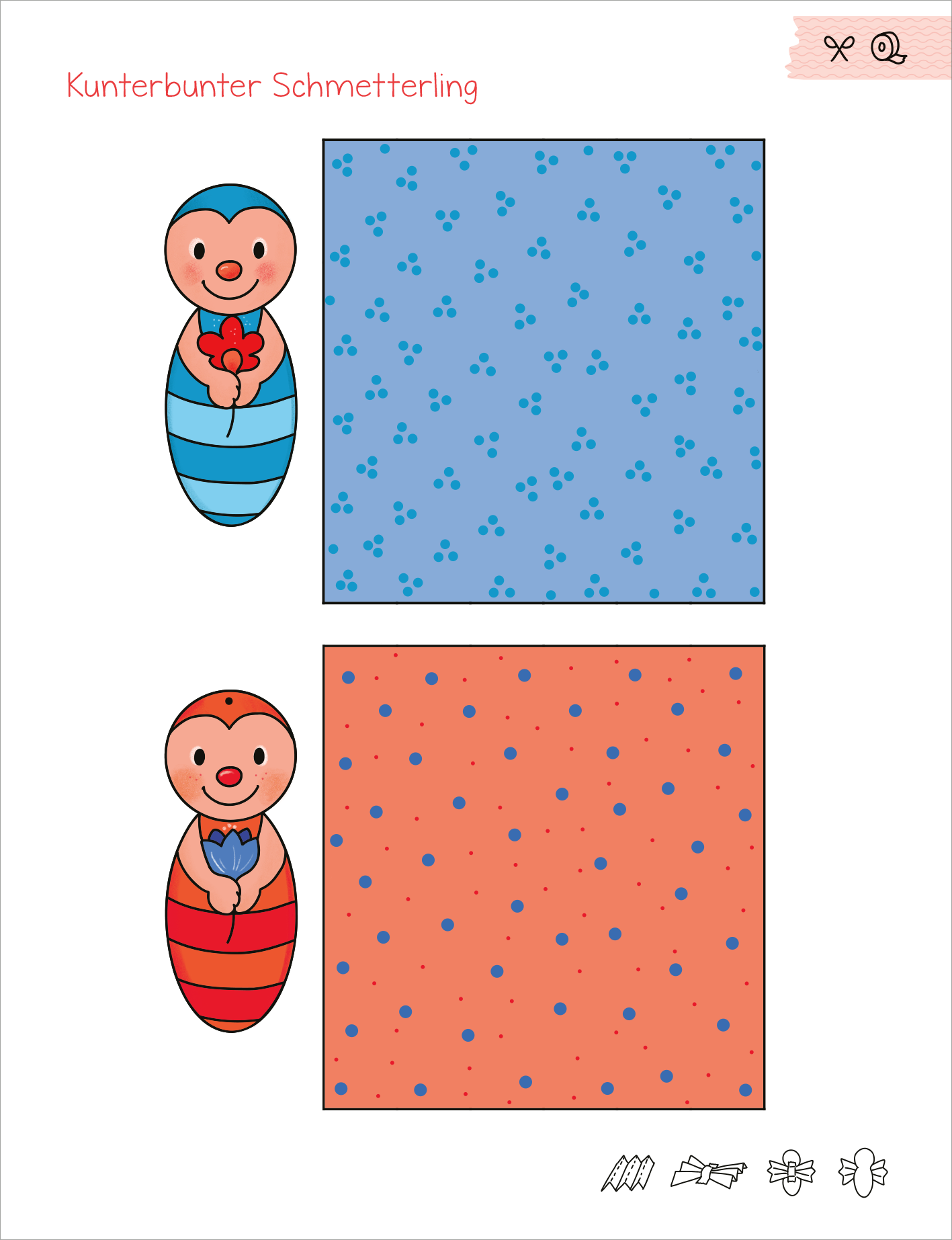 Gezeigt wird eine Innen- oder Zusatzansicht von „Mein erstes großes Ferien-Bastelheft“. Die Seite zeigt zwei farbenfrohe Illustrationen von Schmetterlingen. Oben ist ein blauer Schmetterling mit einer roten Blume, umgeben von einem punktierten blauen Hintergrund. Darunter befindet sich ein roter Schmetterling mit einer blauen Blume, vor einem orangefarbenen Hintergrund mit blauen Punkten. Die freundliche, kindgerechte Typografie und die lebendigen Farben fördern Kreativität und Freude am...