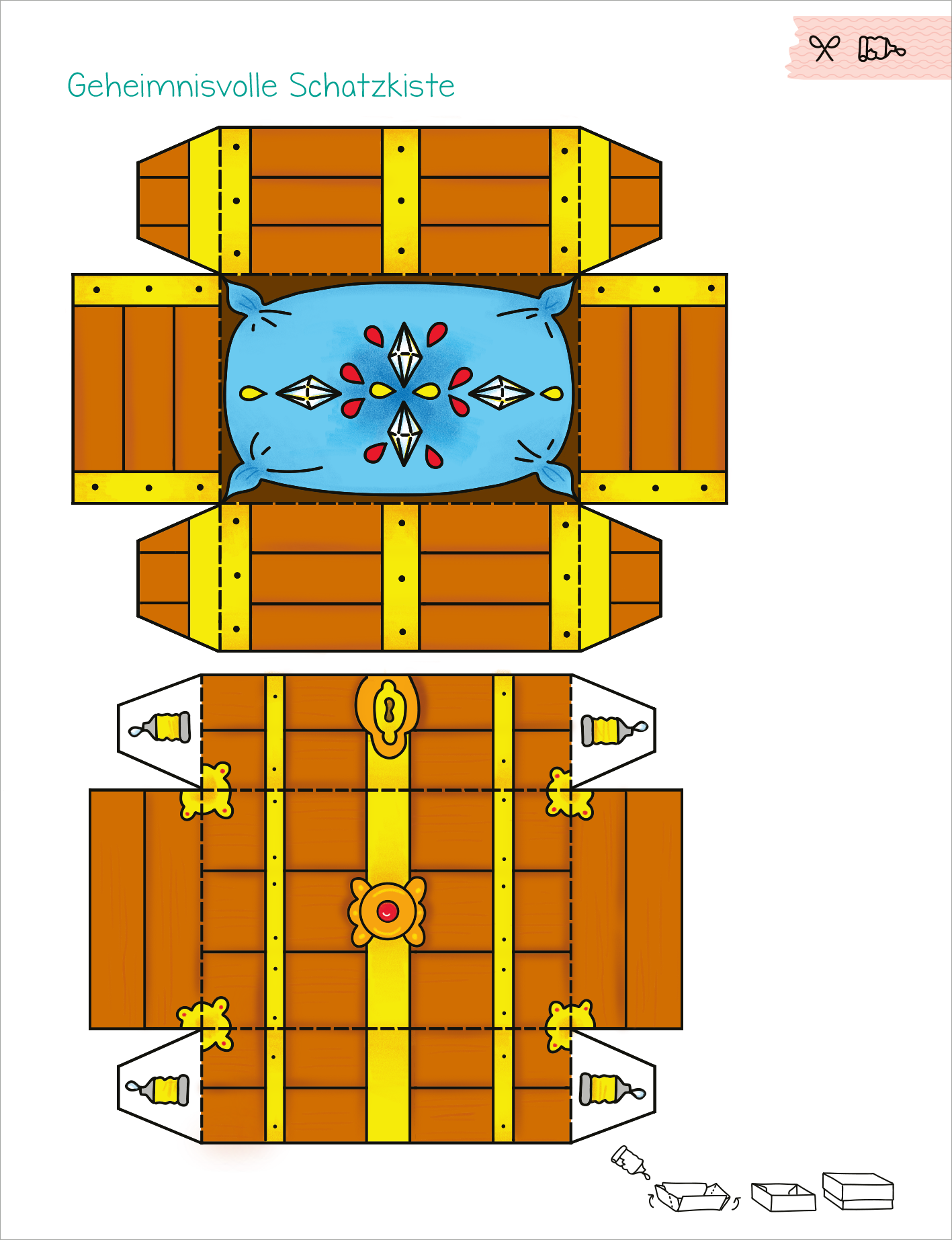 Gezeigt wird eine Innen- oder Zusatzansicht von „Mein erstes großes Ferien-Bastelheft“. Die Abbildung zeigt eine Papiervorlage für eine Schatzkiste in verschiedenen Brauntönen, verziert mit einem blauen Deckel und bunten, geometrischen Mustern. Die Illustration wirkt verspielt und einladend, während gelbe Akzente mit goldenen Schlössern und Riegeln hervorgehoben werden. Darüber befindet sich der Titel „Geheimnisvolle Schatzkiste“ in einer kindgerechten Schriftart.