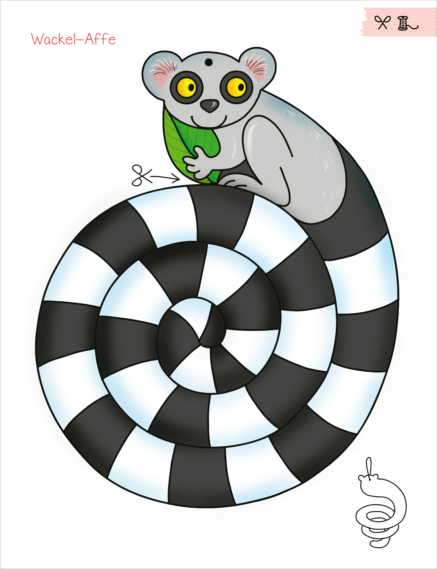 Gezeigt wird eine Innen- oder Zusatzansicht von „Mein erstes großes Ferien-Bastelheft“. Auf einem farbenfrohen Hintergrund sitzt ein niedlicher Wackel-Affe mit großen, leuchtend gelben Augen. Der Affe hält ein Blatt in der Hand und ist umgeben von spiralförmig angeordneten schwarz-weißen Mustern. Die Schrift „Wackel-Affe“ ist in einer verspielten, roten Typografie oben links platziert. Die Gesamtansicht vermittelt eine freundliche und einladende Atmosphäre für Kinder.