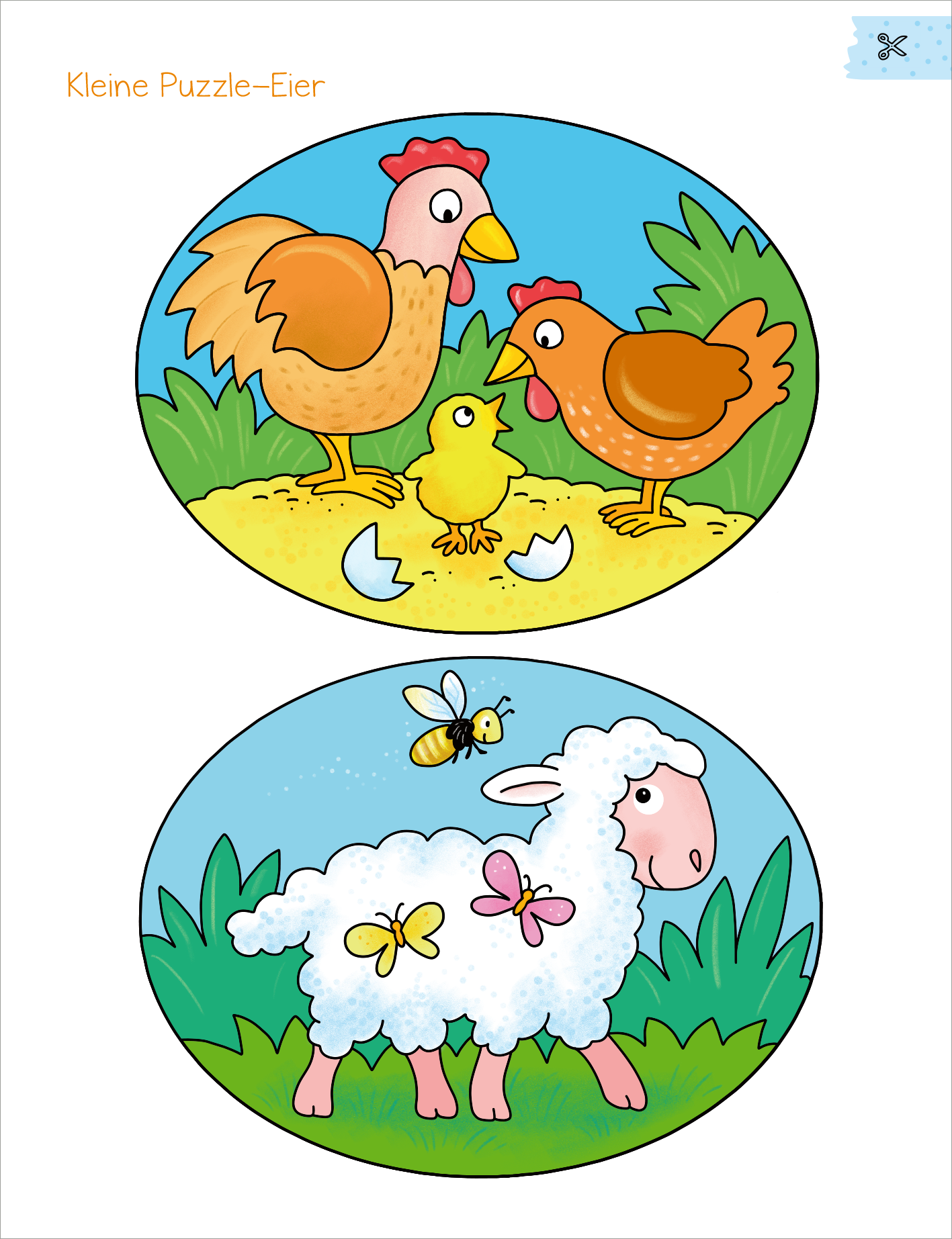 Gezeigt wird eine Innen- oder Zusatzansicht von „Mein erstes großes Oster-Bastelheft“. Die Seite zeigt zwei ovale Bilder: Oben sind zwei Hühner und ein Küken auf gelbem Sand zu sehen, umgeben von Eierschalen. Unten präsentiert sich ein schneeweißes Schaf mit bunten Schmetterlingen, umgeben von grünem Gras und Blumen. Die Farben sind lebhaft und freundlich, mit einer verspielten, kindgerechten Typografie in sanften Gelbtönen und einem fröhlichen Gesamtambiente.