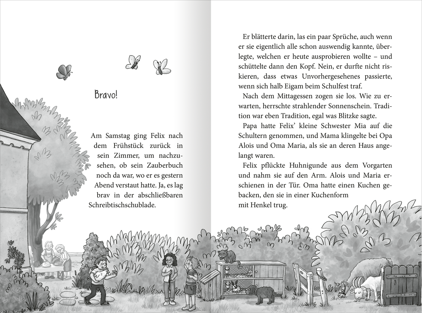 Gezeigt wird eine Innenansicht von „Ein Schuljahr voller Zauberei – Schulfest statt Mathetest“. Die Illustration zeigt eine Schwarz-Weiß-Szene mit mehreren Kindern im Garten. Blumen und Schmetterlinge fliegen umher, was eine fröhliche Atmosphäre erzeugt. Die Schrift ist gut lesbar und der Text ist in kurzen Absätzen strukturiert.