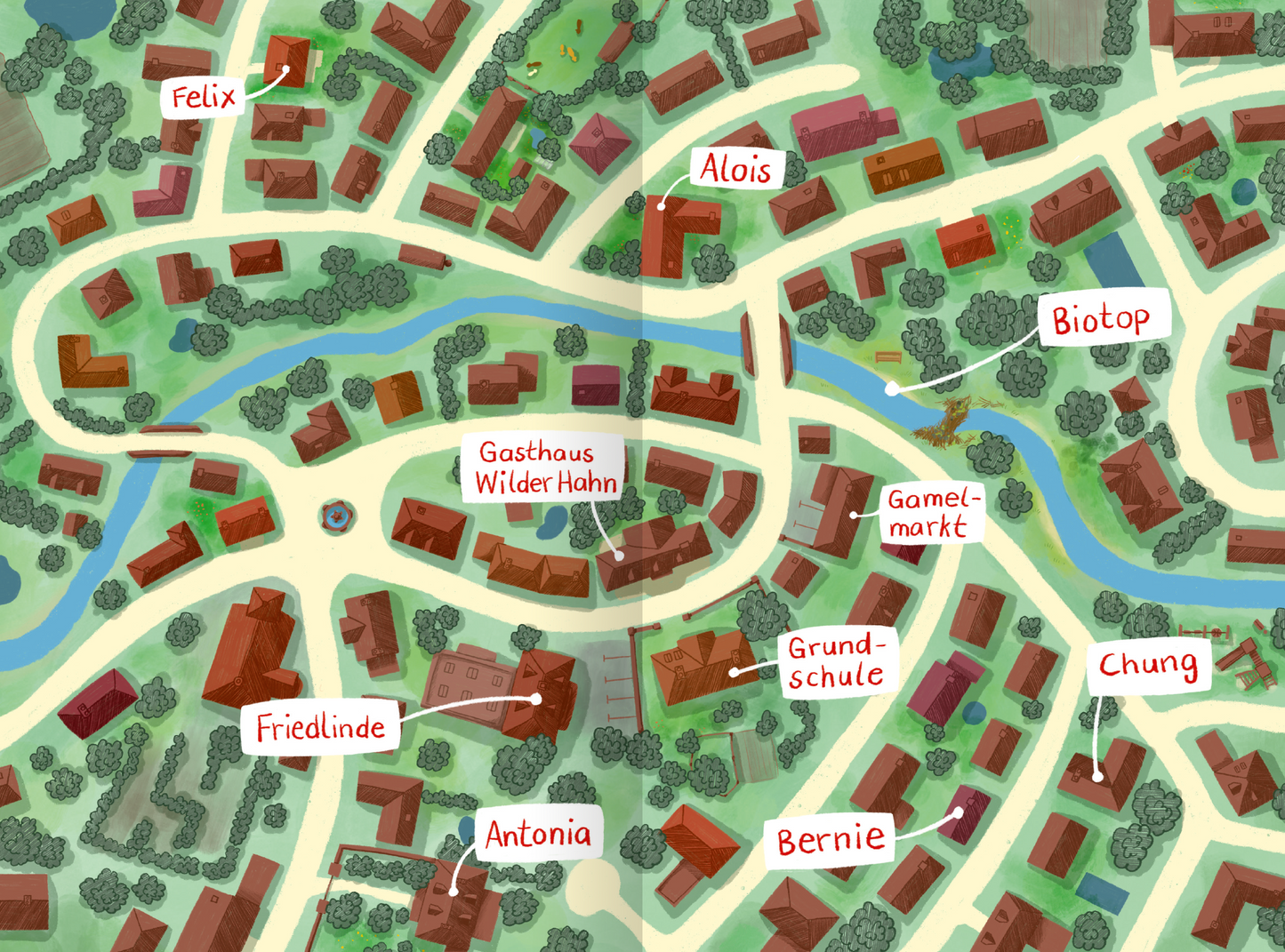 Gezeigt wird eine Innen- oder Zusatzansicht von „Ein Schuljahr voller Zauberei – Freistunde statt Erdkunde“. Die Darstellung zeigt die Karte eines fiktiven Ortes mit zahlreichen kleinen Häusern in Rot- und Brauntönen. Wichtige Punkte sind durch deutlich lesbare, weiße Beschriftungen hervorgehoben. Fließende Wasserläufe und grüne Baumgruppen ergänzen die Szene und schaffen eine freundliche, einladende Atmosphäre.