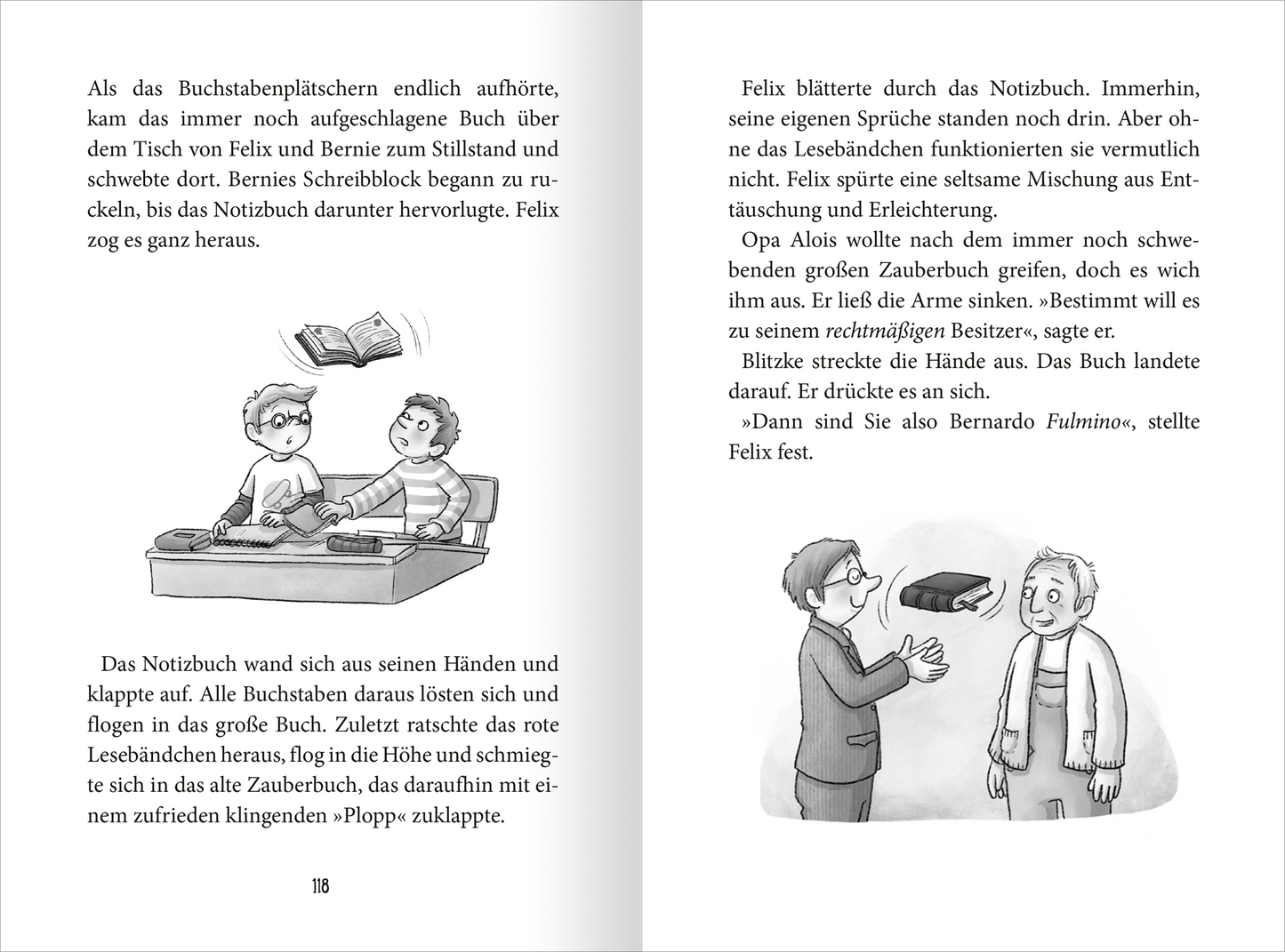 Gezeigt wird eine Innen- oder Zusatzansicht von „Ein Schuljahr voller Zauberei – Bruchpilot statt Pausenbrot“. Die Seite zeigt zwei Kinder, Felix und Bernie, die an einem Schultisch sitzen. Über ihnen schwebt ein Notizbuch. Die Typografie ist klar und gut lesbar.