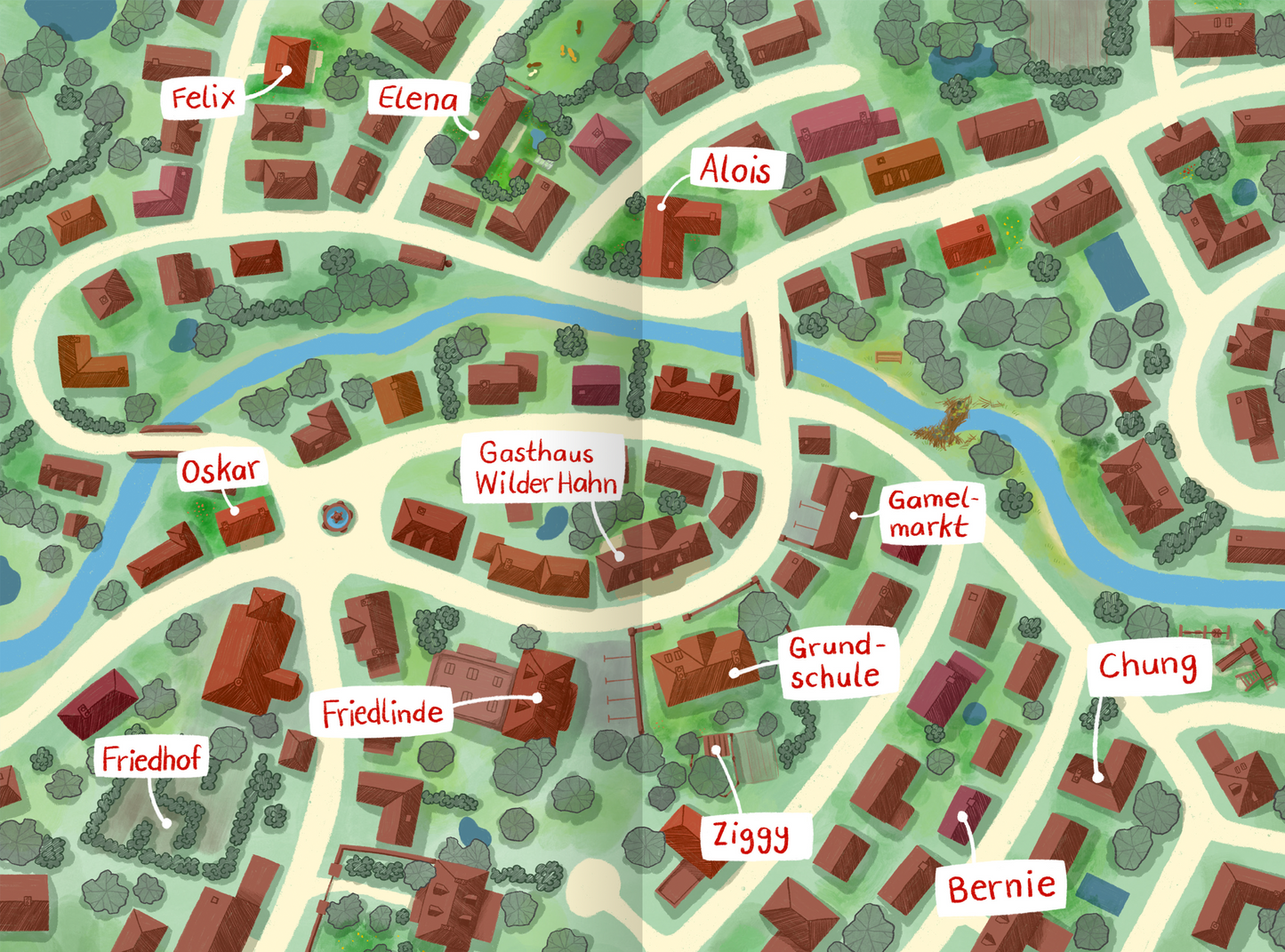 Gezeigt wird eine Innen- oder Zusatzansicht von „Ein Schuljahr voller Zauberei – Bruchpilot statt Pausenbrot“. Die Darstellung zeigt die Karte eines fiktiven Ortes mit zahlreichen kleinen Häusern in Rot- und Brauntönen. Wichtige Punkte sind durch deutlich lesbare, weiße Beschriftungen hervorgehoben. Fließende Wasserläufe und grüne Baumgruppen ergänzen die Szene und schaffen eine freundliche, einladende Atmosphäre.