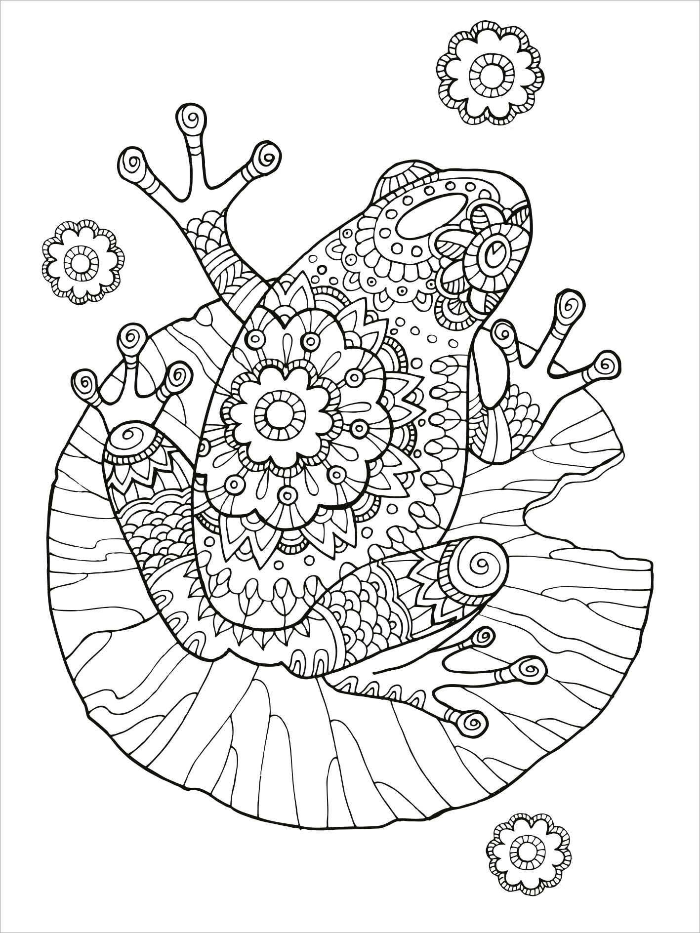Gezeigt wird eine Innen- oder Zusatzansicht von „Mein Mandala-Tier-Malbuch – Im Paradies der Tiere“. Abgebildet ist ein detailliertes Mandala eines Frosches, umgeben von floralen Motiven. Die Zeichnung ist in Schwarzweiß gehalten und zeigt komplexe Muster und Linienführungen. Der Frosch sitzt auf einem Blatt und hat große, ausdrucksvolle Augen. Die Typografie der Titelbeschreibung ist verspielt und kreativ gestaltet, um die kindliche Fantasie anzusprechen.