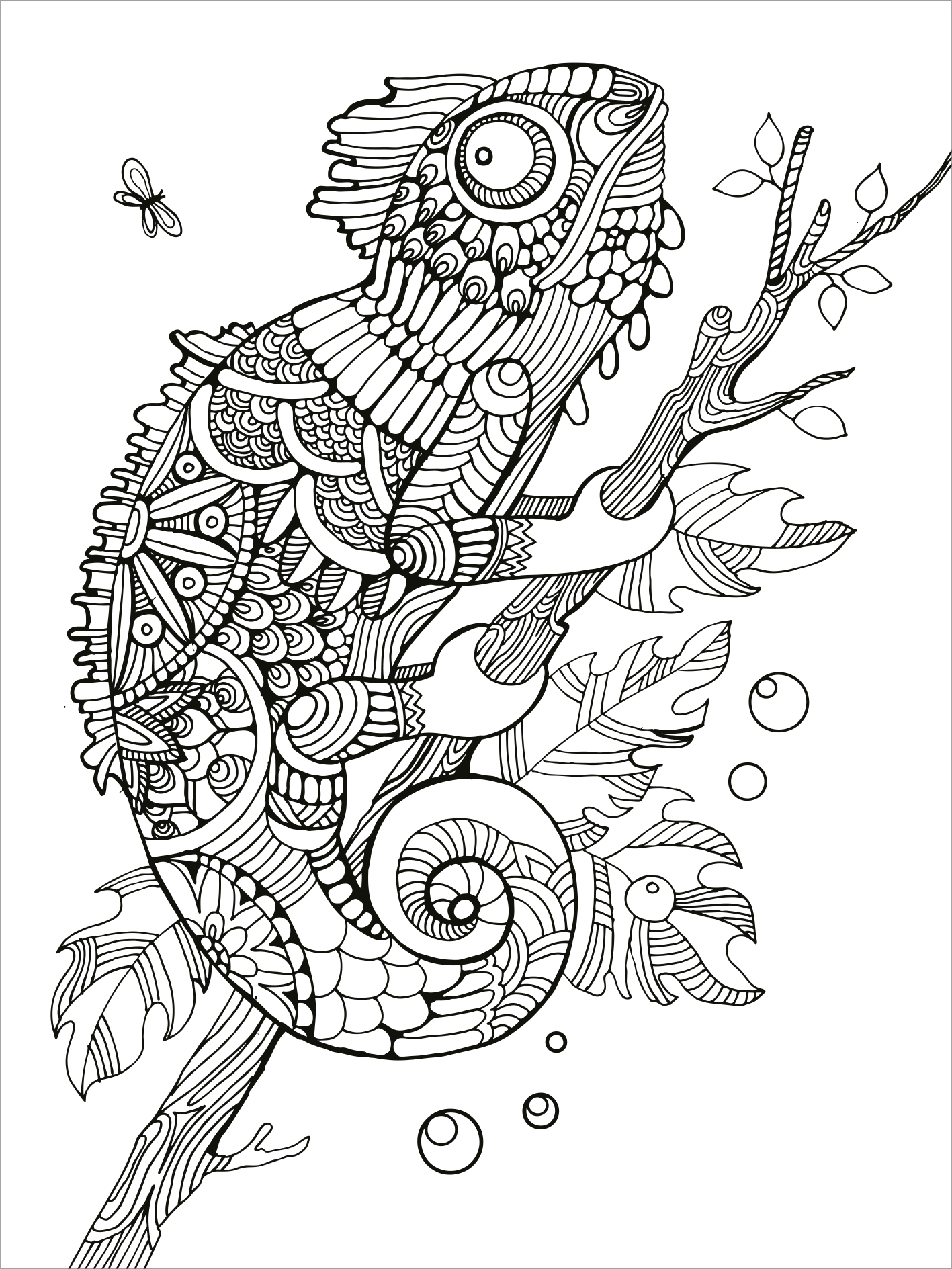 Gezeigt wird eine Innen- oder Zusatzansicht von „Mein Mandala-Tier-Malbuch – Im Paradies der Tiere“. Das Bild zeigt ein detailliertes, schwarz-weißes Mandala eines Chamäleons, das auf einem Ast sitzt. Das Tier ist mit kreativen Mustern und Formen verziert, umgeben von stilisierten Blättern und Blasen. Die Linien sind klar und gut definiert, was eine vielfältige Farbgestaltung fördert. Direkt in einem verspielten, künstlerischen Stil gehalten, regt es die Fantasie an.