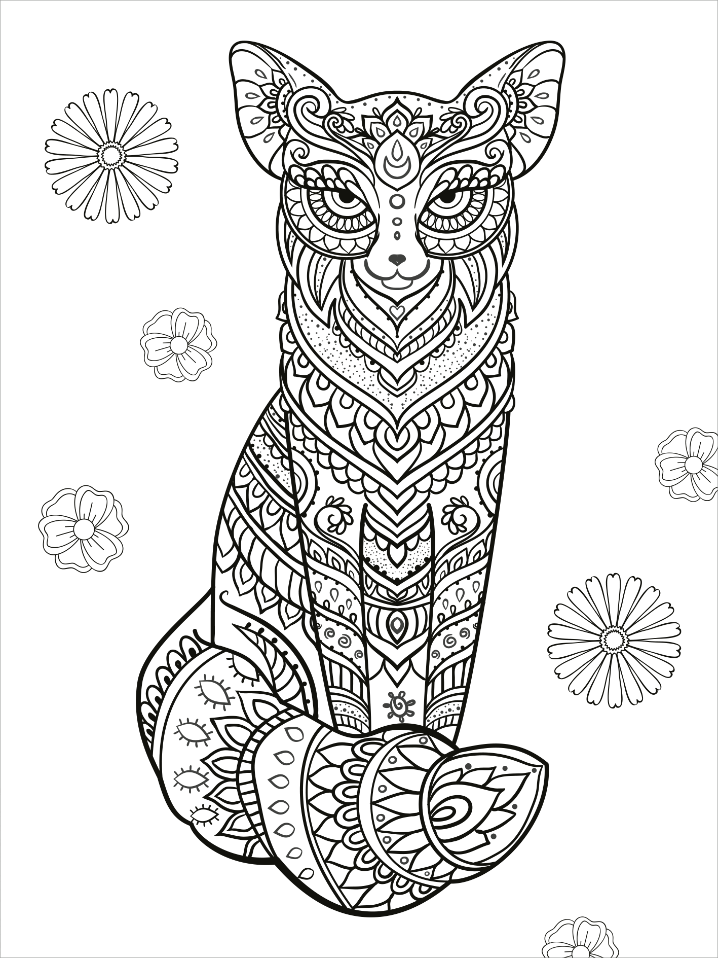 Gezeigt wird eine Innen- oder Zusatzansicht von „Mein Mandala-Tier-Malbuch – Im Paradies der Tiere“. Die Abbildung zeigt einen kunstvoll gestalteten Fuchs, umgeben von floralen Elementen. Die Linien sind klar und variieren in Dicke, während das Design verschiedene geometrische Muster integriert. Die Nutzung von Schwarz-Weiß-Kontrasten schafft einen starken visuellen Eindruck, der zum Ausmalen einlädt. Die Typografie ist verspielt und unterstützt das kreative Konzept des Malbuchs.