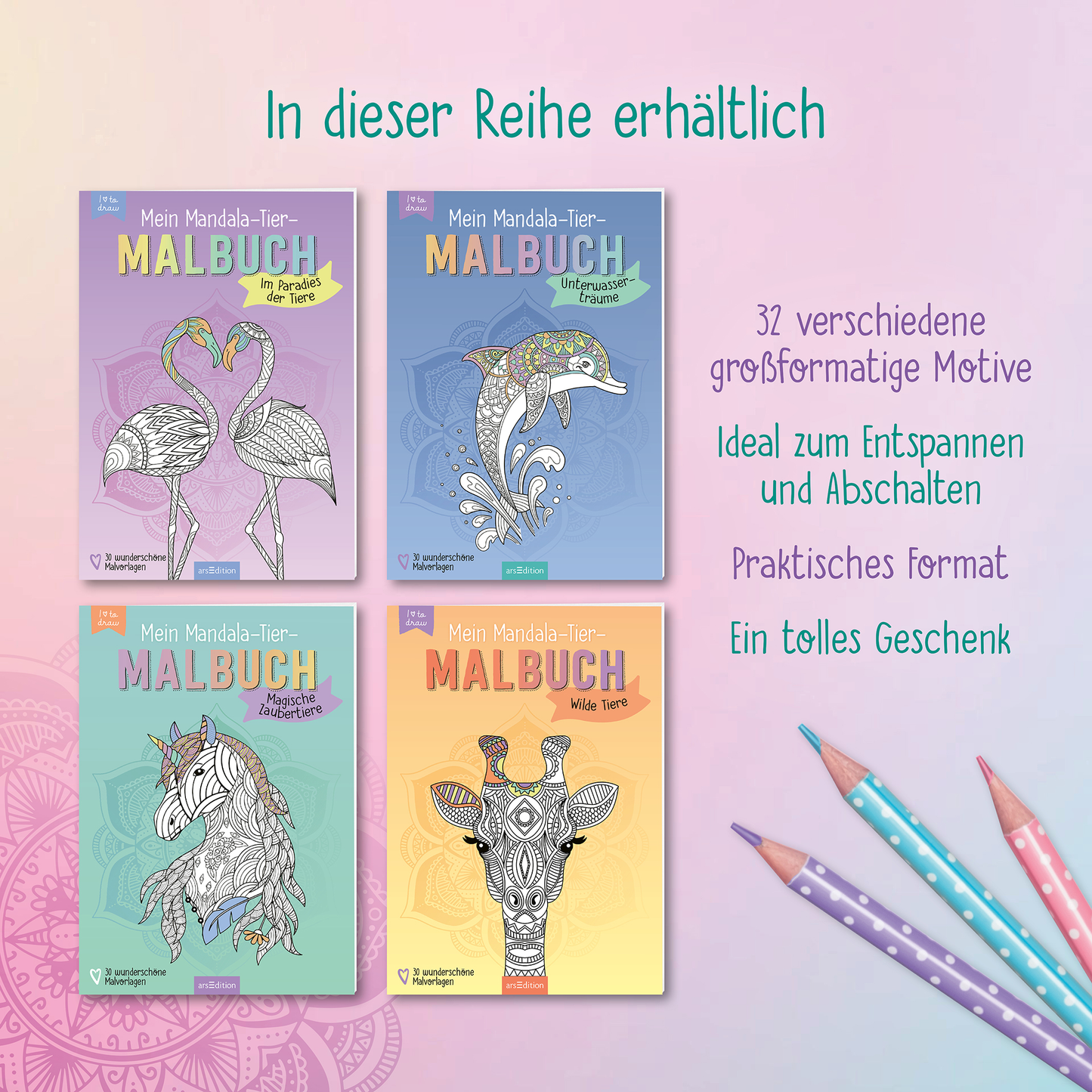 Gezeigt wird eine Innen- oder Zusatzansicht von „Mein Mandala-Tier-Malbuch – Im Paradies der Tiere“. Die Abbildung zeigt vier verschiedene Buchcover in sanften Pastellfarben, einschließlich Flieder, Blau und Mintgrün. Die Titel sind in einer freundlichen, gut lesbaren Schriftart gestaltet, die den Entspannungsaspekt des Malens betont. Jedes Cover zeigt eine kreative Tierillustration, die zum Ausmalen einlädt. Die Präsentation vermittelt ein einladendes und beruhigendes Gefühl, ideal...