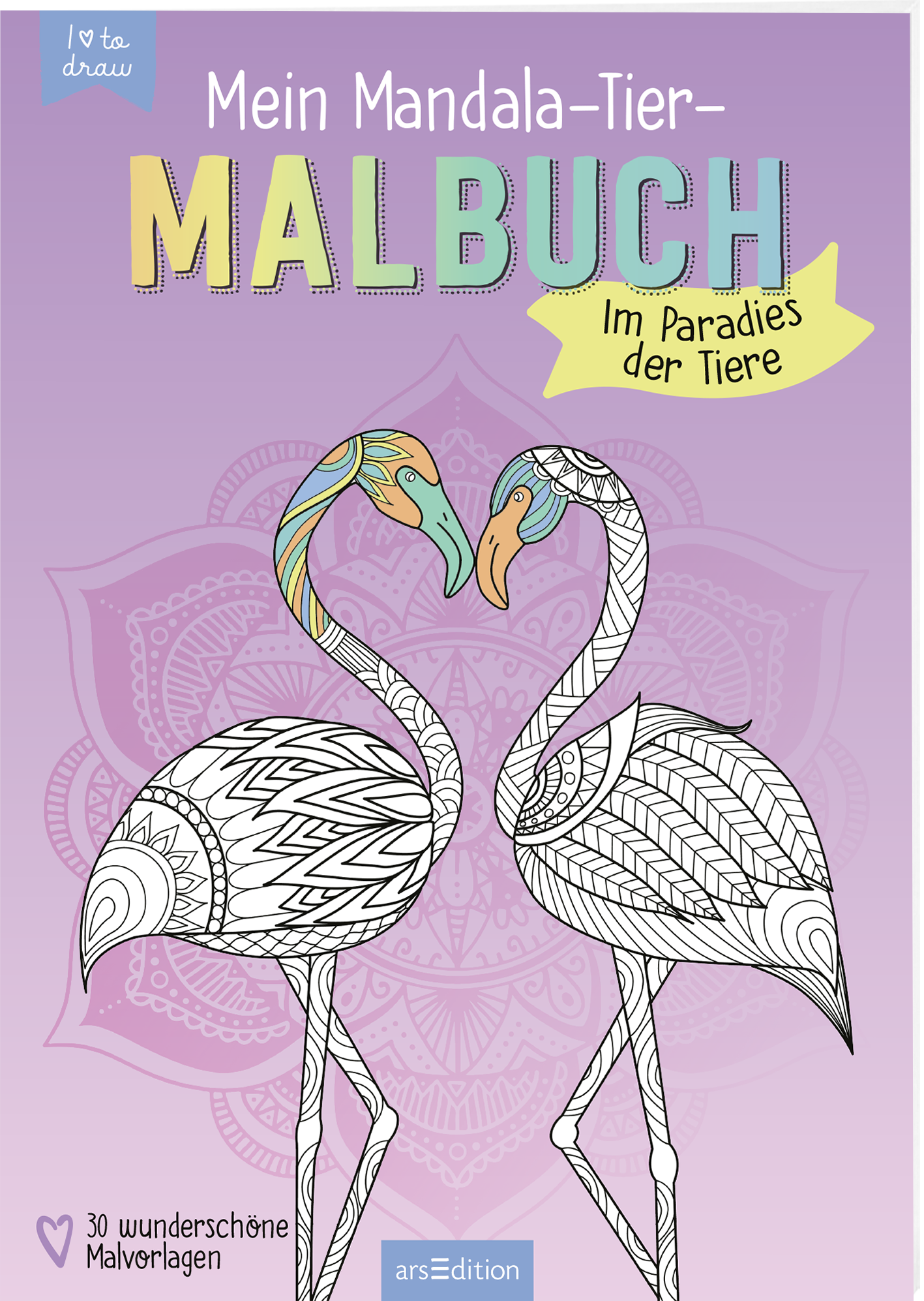 Auf dem Buchcover „Mein Mandala-Tier-Malbuch: Im Paradies der Tiere“ sind zwei stilisierte Flamingos abgebildet, die sich zärtlich zugewandt sind. Die Farbpalette besteht aus sanften Pastelltönen auf einem lilafarbenen Hintergrund, der mit einem floralen Mandala-Muster harmoniert. Der Titel ist in kräftiger, variierender Typografie angeordnet, während darunter der Text „30 wunderschöne Malvorlagen“ in kleinerer Schrift steht. Ganz oben links findet sich der Button...