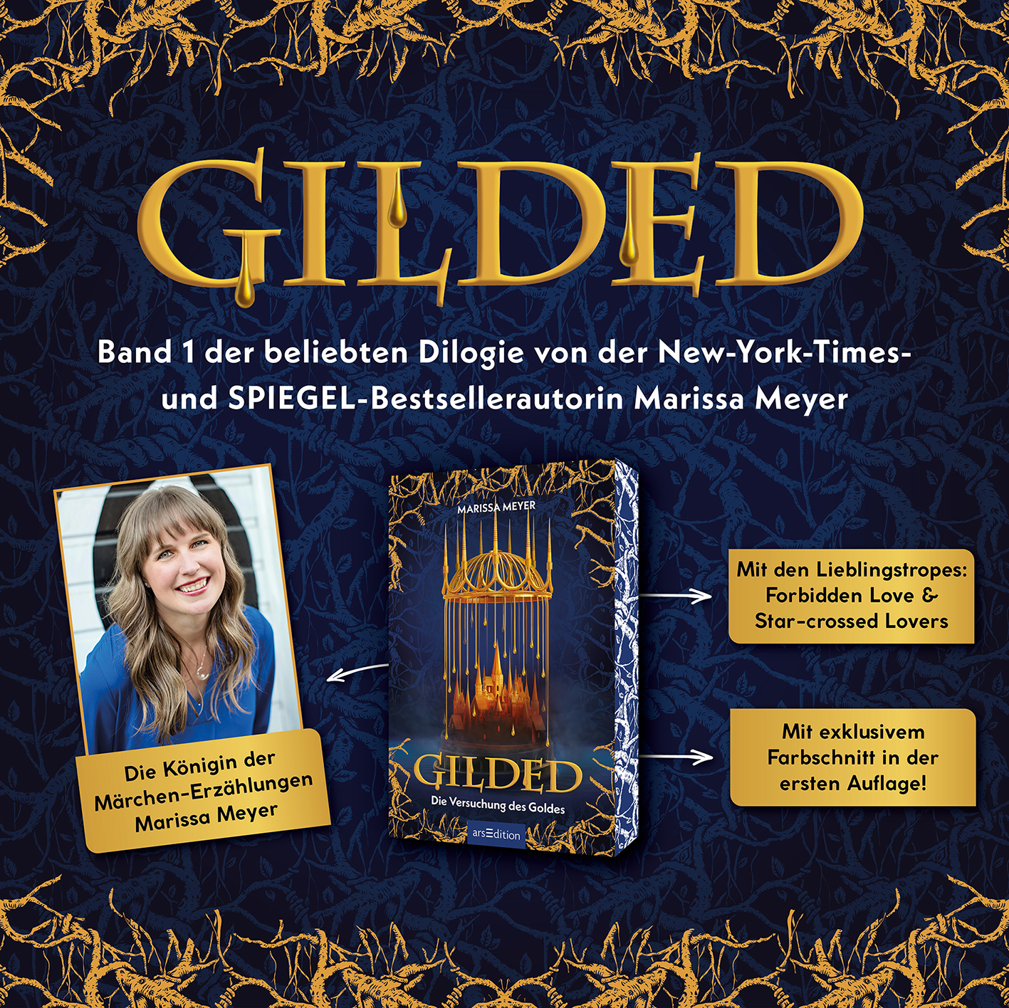 Gezeigt wird eine Innen- oder Zusatzansicht von „Gilded – Die Versuchung des Goldes“. Der Hintergrund ist in einem tiefen Blau gehalten, verziert mit goldenen, filigranen Mustern. Die Schriftart „Gilded“ strahlt Eleganz aus, während die goldene Farbe für Opulenz steht. Im Zentrum befindet sich das Buchcover mit dominanten goldenen Elementen und einem mystischen, komplementären Farbton. Der Text in der oberen Hälfte hebt die Autorin hervor und betont die Themen des Buches,...