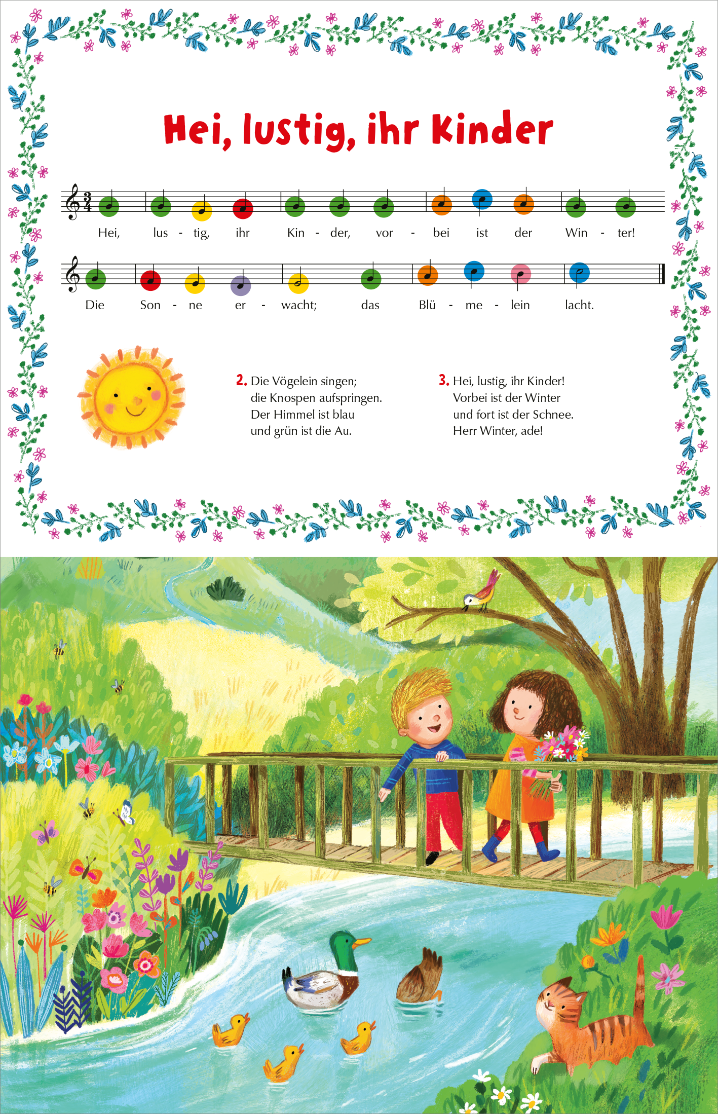 Gezeigt wird eine Innen- oder Zusatzansicht von „Mein buntes Klavierbuch“. Die Seite zeigt das Lied „Hei, lustig, ihr Kinder“, oben in großer, roter Schrift. Darunter sind Noten und farbliche Symbole für die Klaviertasten. Im unteren Bereich ist eine lebhafte, farbenfrohe Illustration von zwei Kindern auf einer Brücke, umgeben von Blumen und einem Gewässer mit Enten. Die Umgebung zeigt einen blauen Himmel und grüne Wiesen, was eine fröhliche und einladende Stimmung erzeugt.
