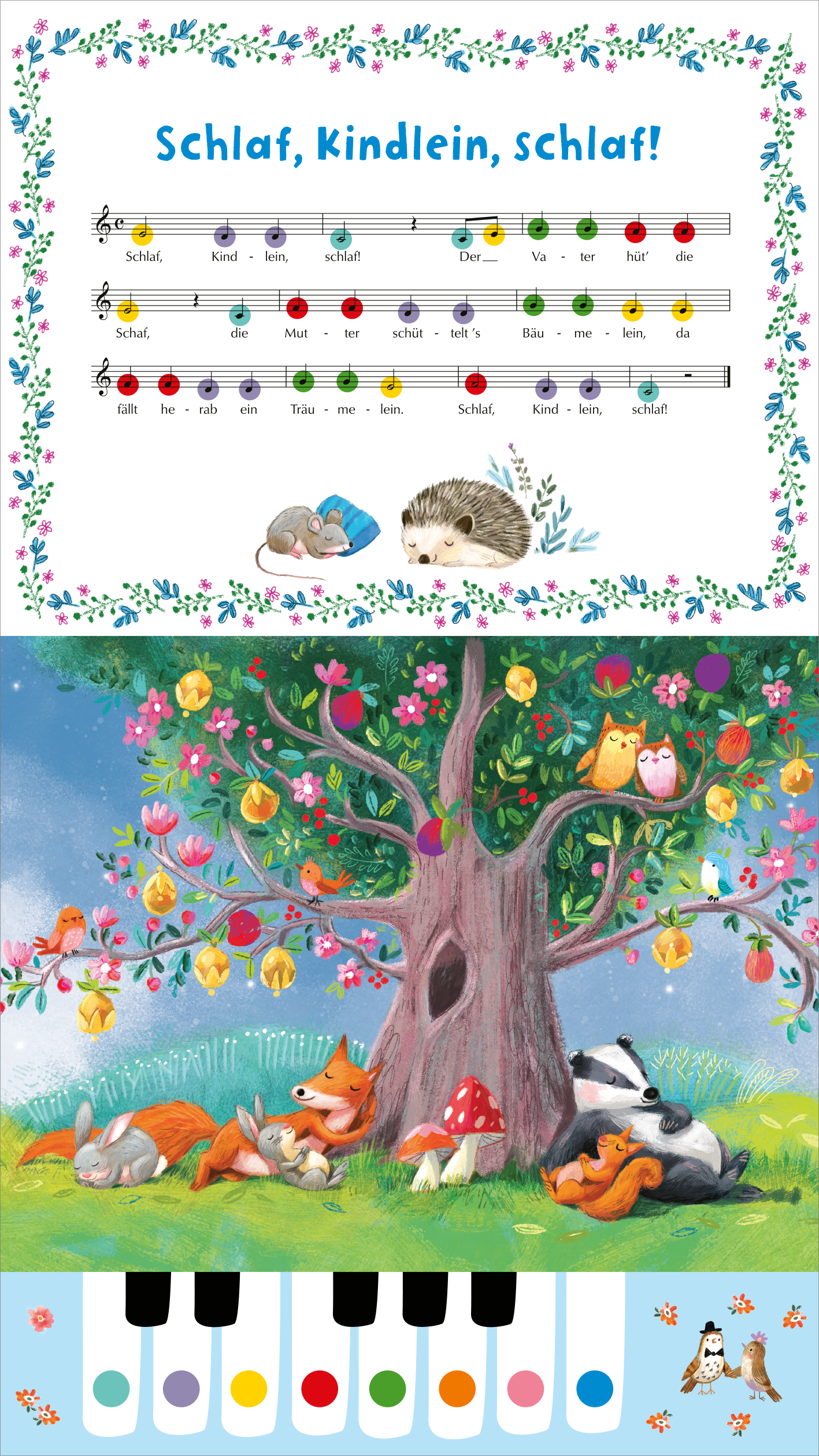 Gezeigt wird eine Innen- oder Zusatzansicht von „Mein buntes Klavierbuch“. Oben ist das Lied „Schlaf, kindlein, schlaf!“ mit bunten Noten und einem floralen Rahmen abgebildet. Unten zeigt eine fröhliche Illustration einen großen Baum, umgeben von schlafenden Tieren wie Füchsen und einem Igel. Die Farbpalette ist lebhaft, mit sanften Pastelltönen und klaren, großen Schriftarten, die gut lesbar sind. Unten befinden sich farbige Klaviertasten in Blau, Rosa, Gelb und Grün.