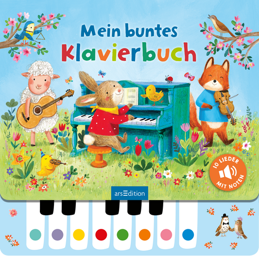 Buchcover mit fröhlichem, buntem Design: In der Mitte steht ein blauer Klavier, umgeben von musikalischen Tieren: einem Hasen, der spielt, einem Eichhörnchen mit Geige und einem Schaf mit Gitarre. Frühlingshafte Elemente wie Blumen und Vögel verleihen dem Cover Lebendigkeit. Der Titel „Mein buntes Klavierbuch“ ist in bunten Buchstaben geschrieben. Oben rechts befindet sich ein orangefarbener Button mit dem Text „10 Lieder mit Noten“. Ganz unten mittig steht der Logoschriftzug von...